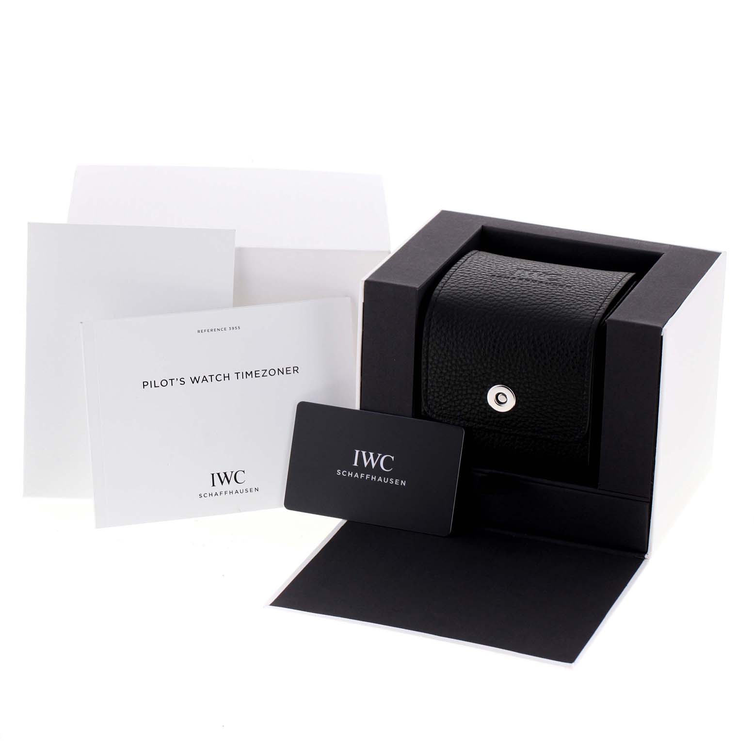 The image shows an IWC Pilot IW395505 Men's Ceramic Black Dial IW395505 Men's Ceramic Black Dial model watch box, along with its manual, card, and packaging from a slightly elevated front angle.