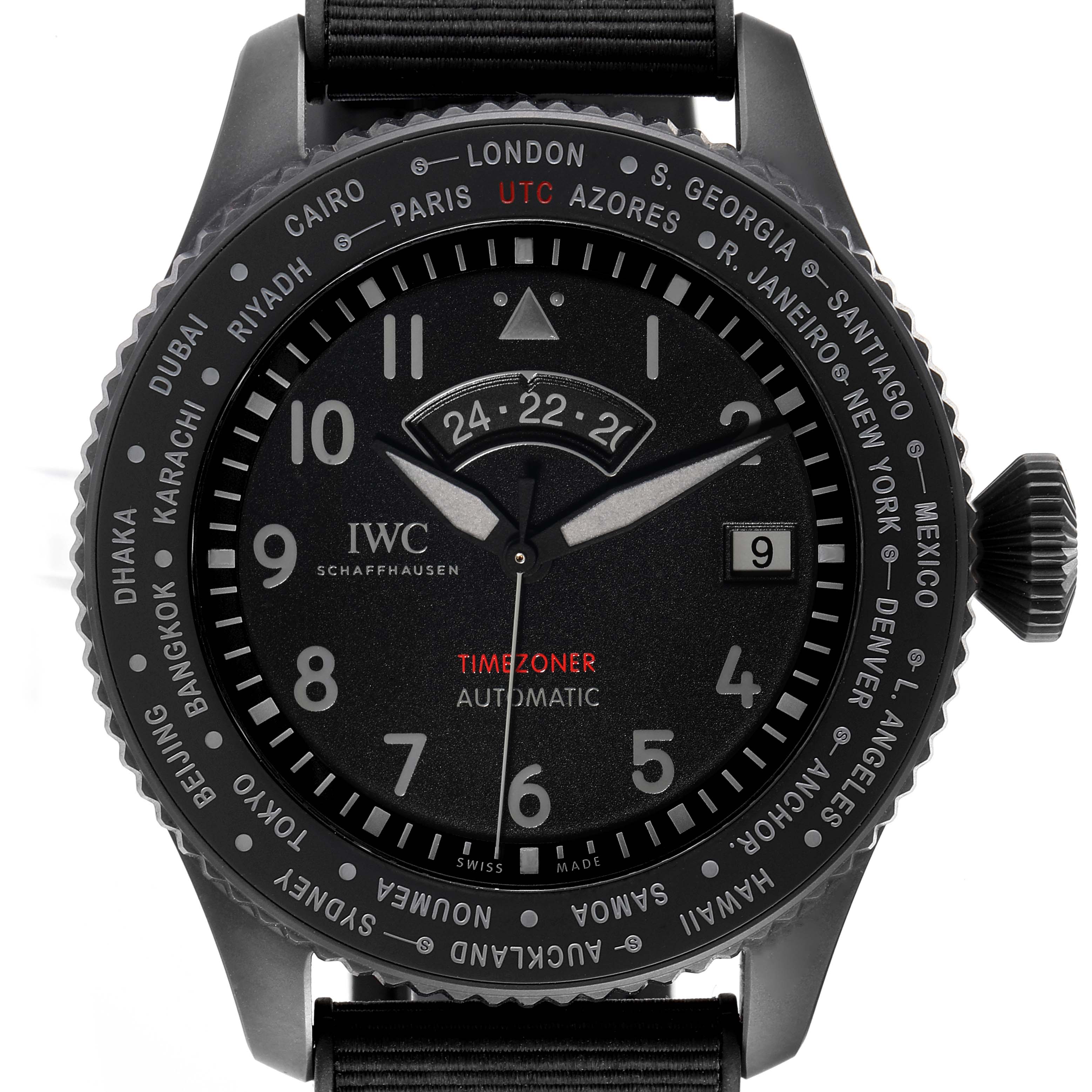The image shows a front view of the IWC Pilot IW395505 Men's Ceramic Black Dial IW395505 Men's Ceramic Black Dial watch model, featuring its dial, bezel, and crown.