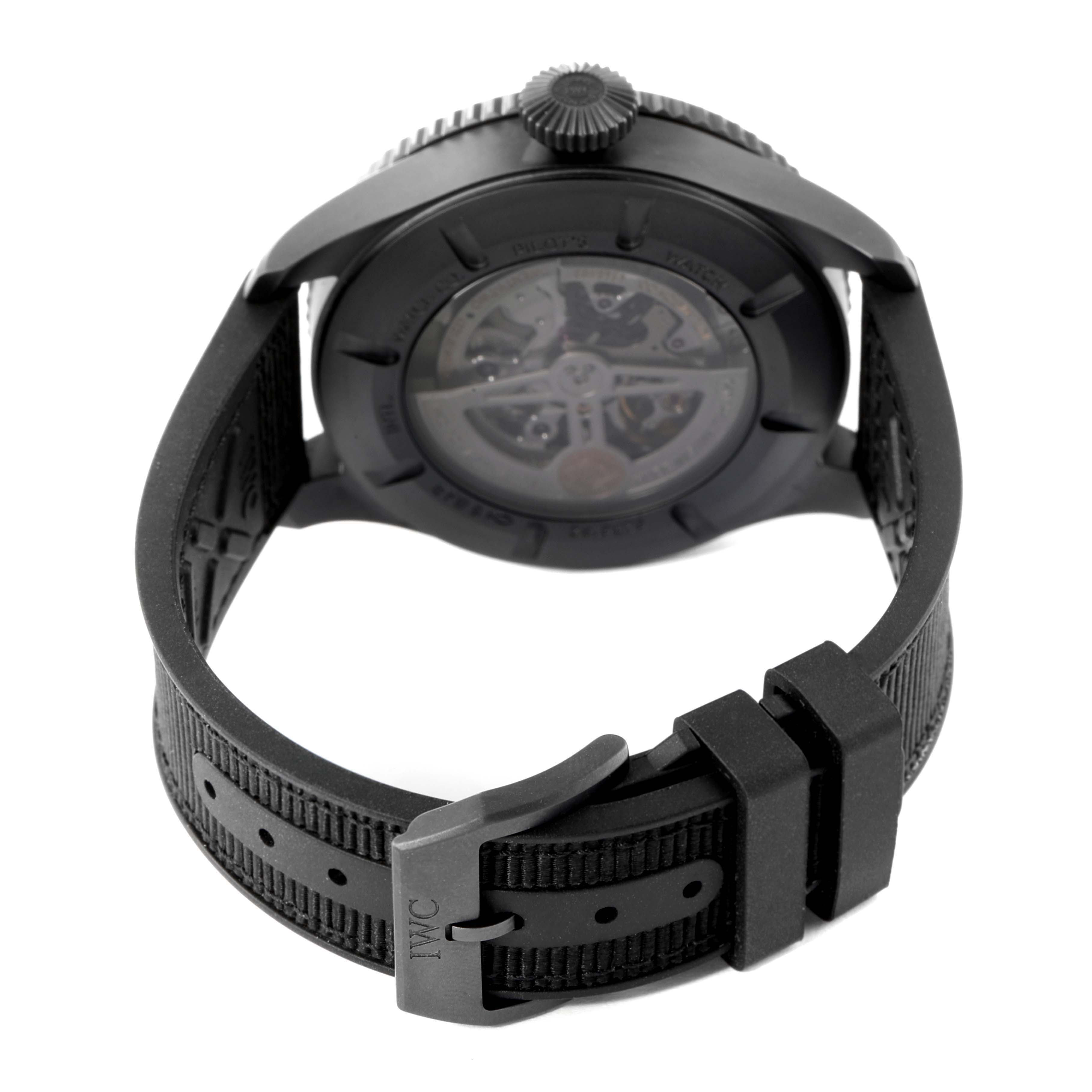 This image showcases the backside and strap of an IWC Pilot IW395505 Men's Ceramic Black Dial IW395505 Men's Ceramic Black Dial model watch, highlighting its clasp and visible movement.