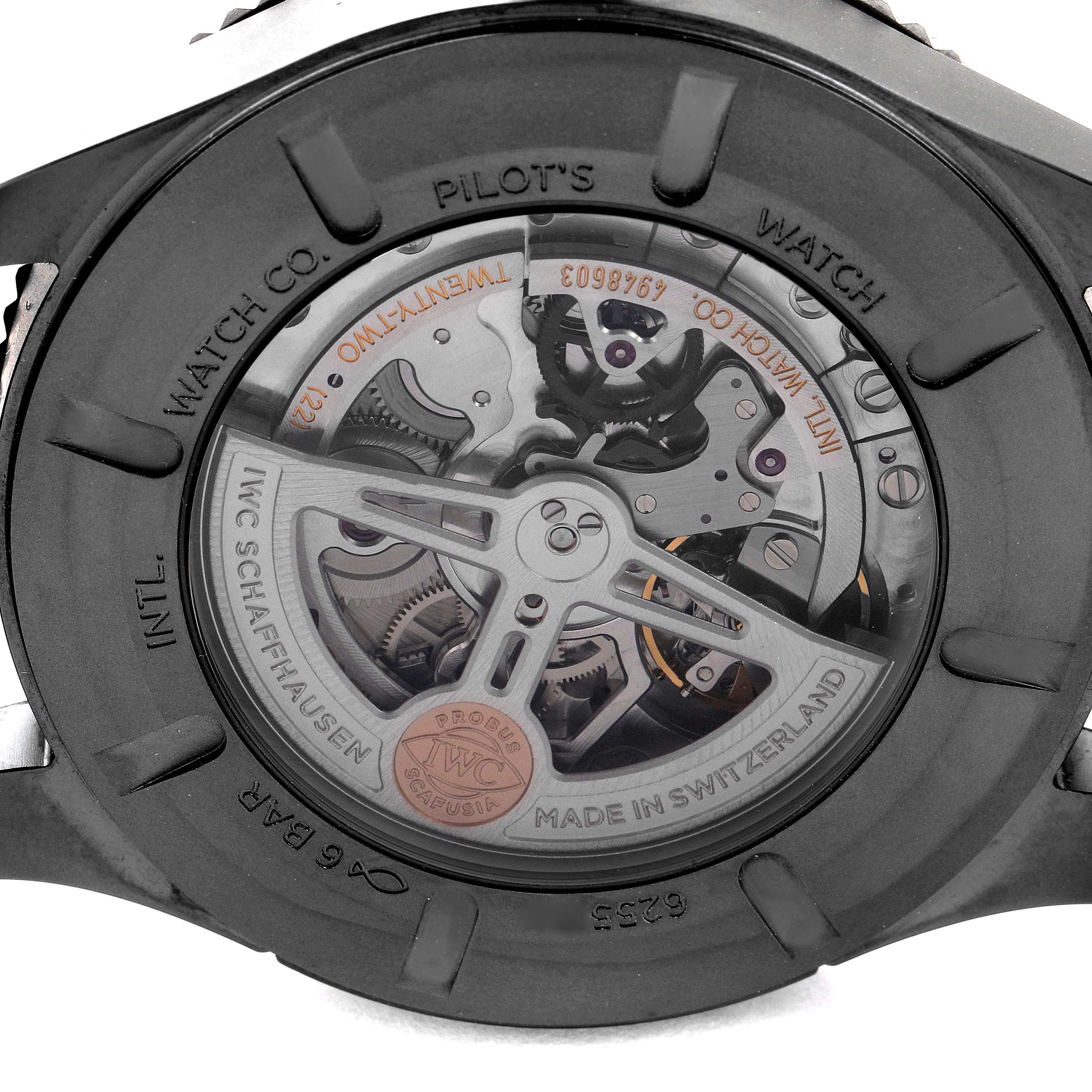 This image shows the back view of an IWC Pilot IW395505 Men's Ceramic Black Dial IW395505 Men's Ceramic Black Dial model watch, revealing its inner mechanics and Swiss-made markings.