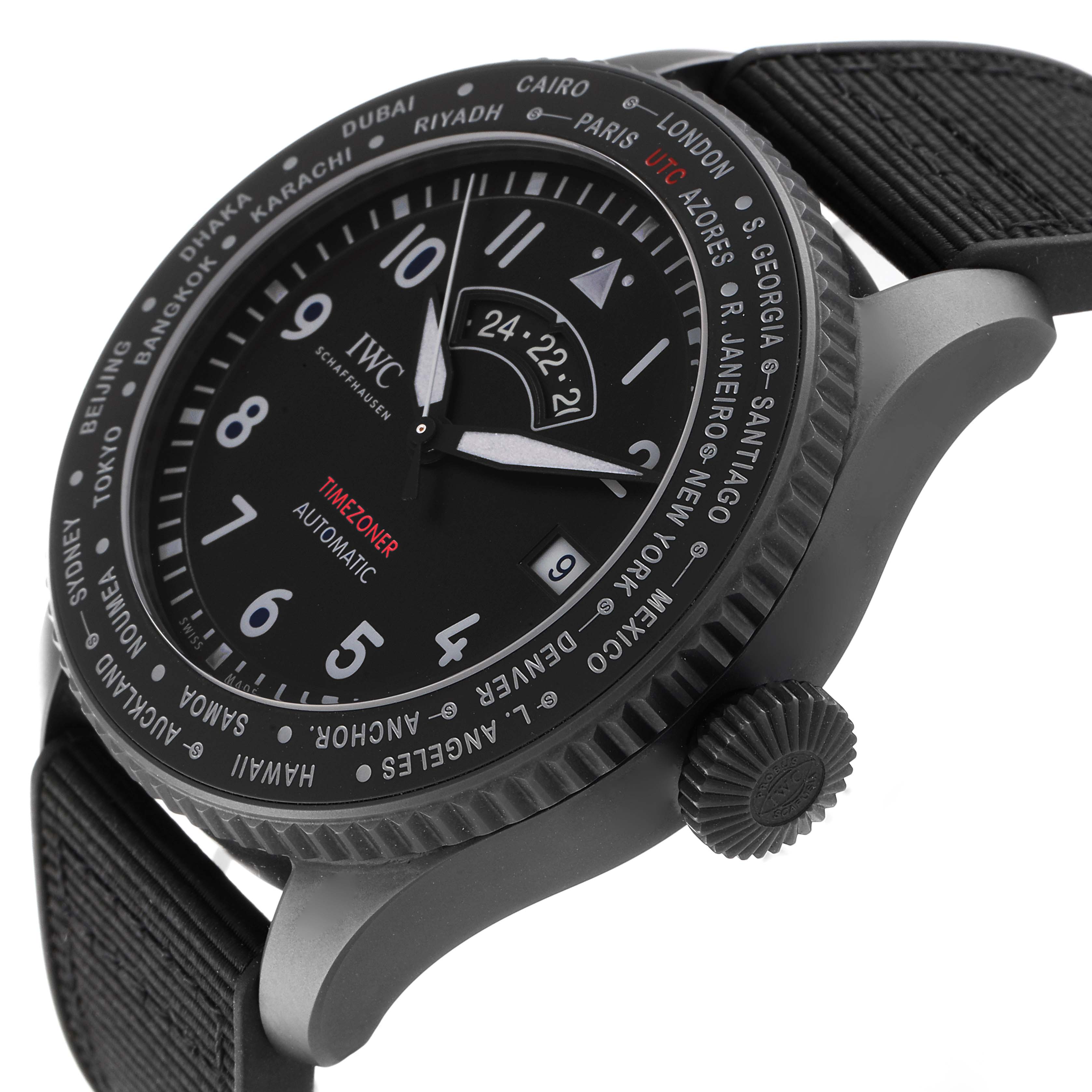 The photo shows an IWC Pilot IW395505 Men's Ceramic Black Dial IW395505 Men's Ceramic Black Dial model watch at an angle displaying the dial, bezel, and crown clearly.