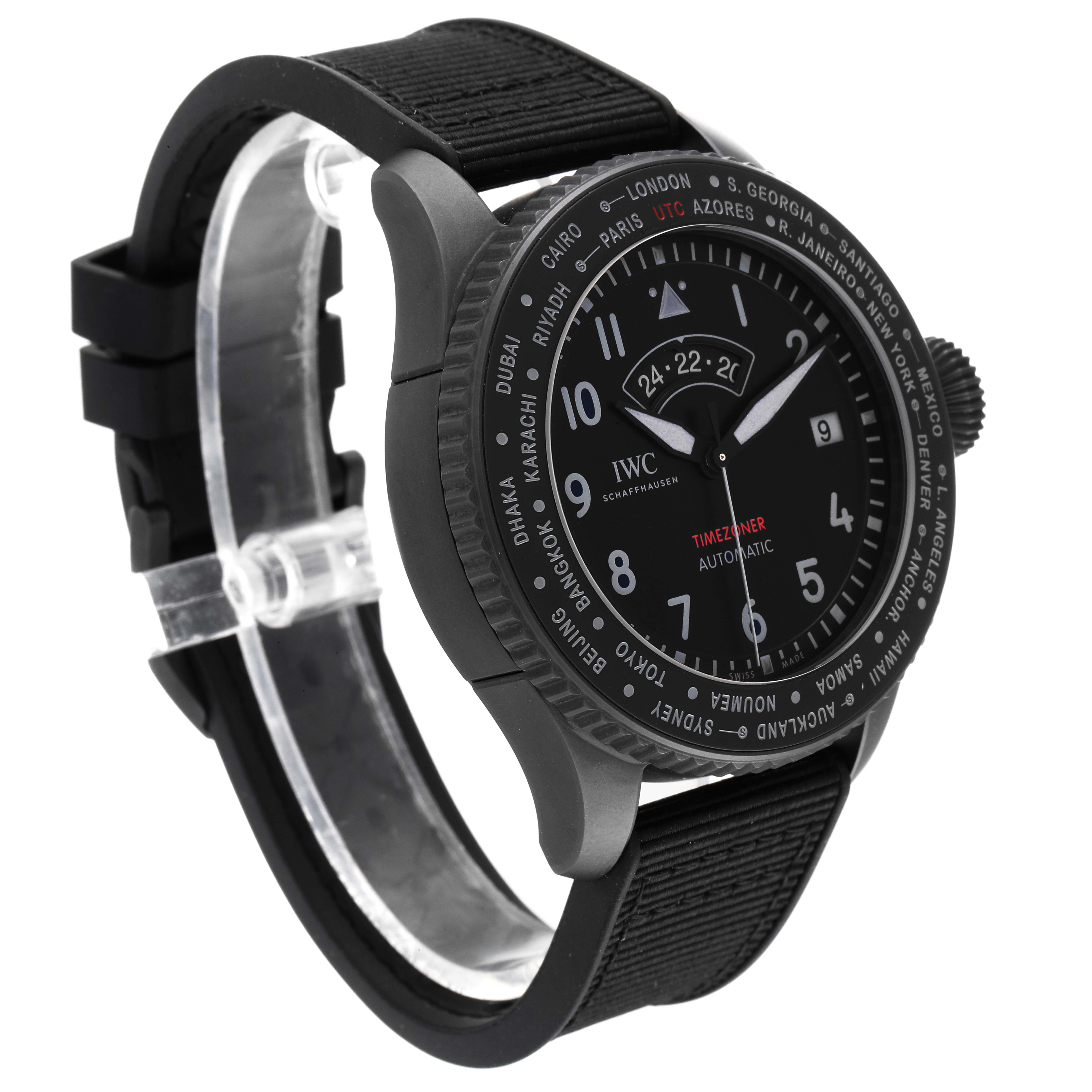 The IWC Pilot IW395505 Men's Ceramic Black Dial IW395505 Men's Ceramic Black Dial watch is shown at a three-quarter angle, displaying its face, strap, and case.