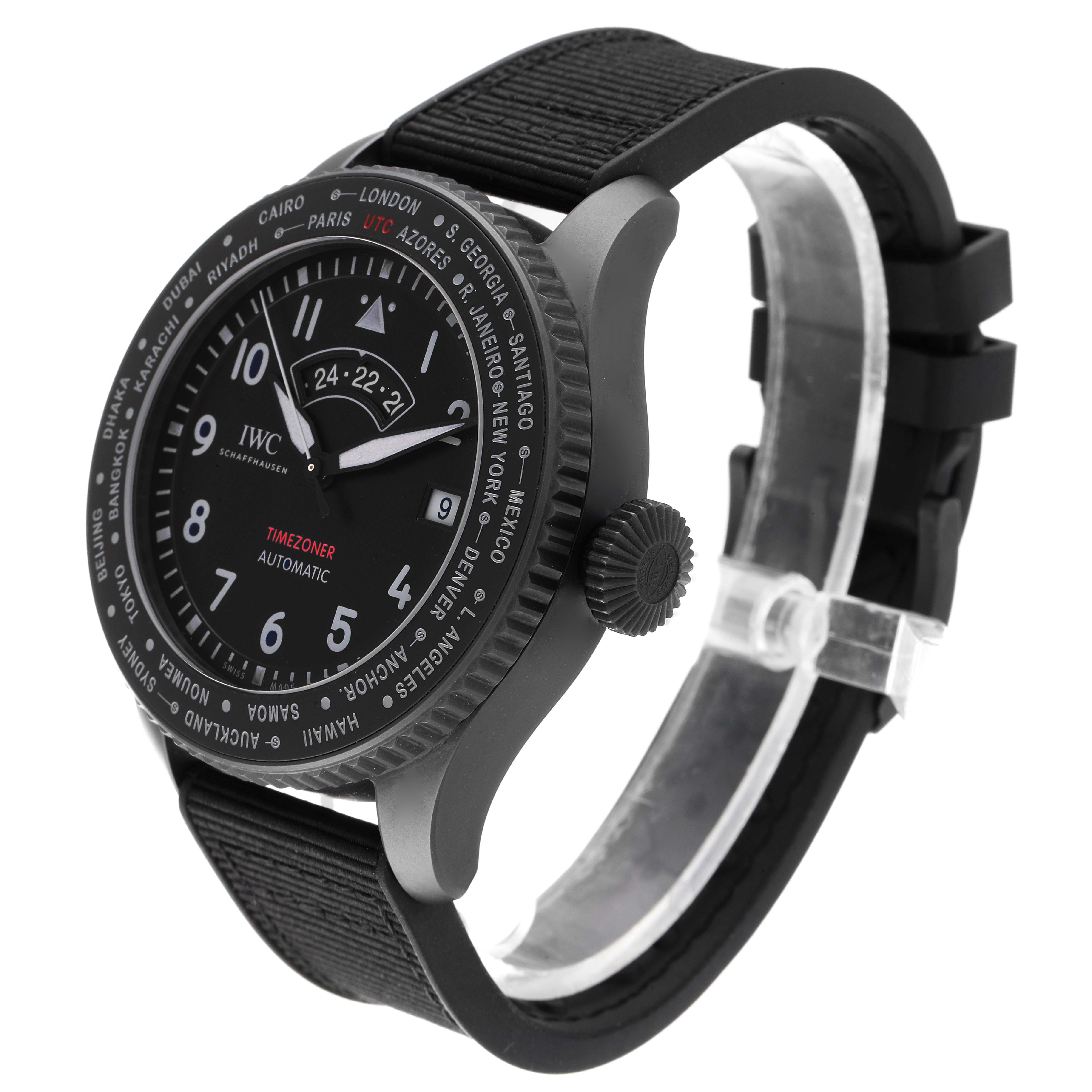 The watch displays a front-side angle showcasing its dial, bezel, crown, and strap; it's an IWC Pilot IW395505 Men's Ceramic Black Dial IW395505 Men's Ceramic Black Dial model.