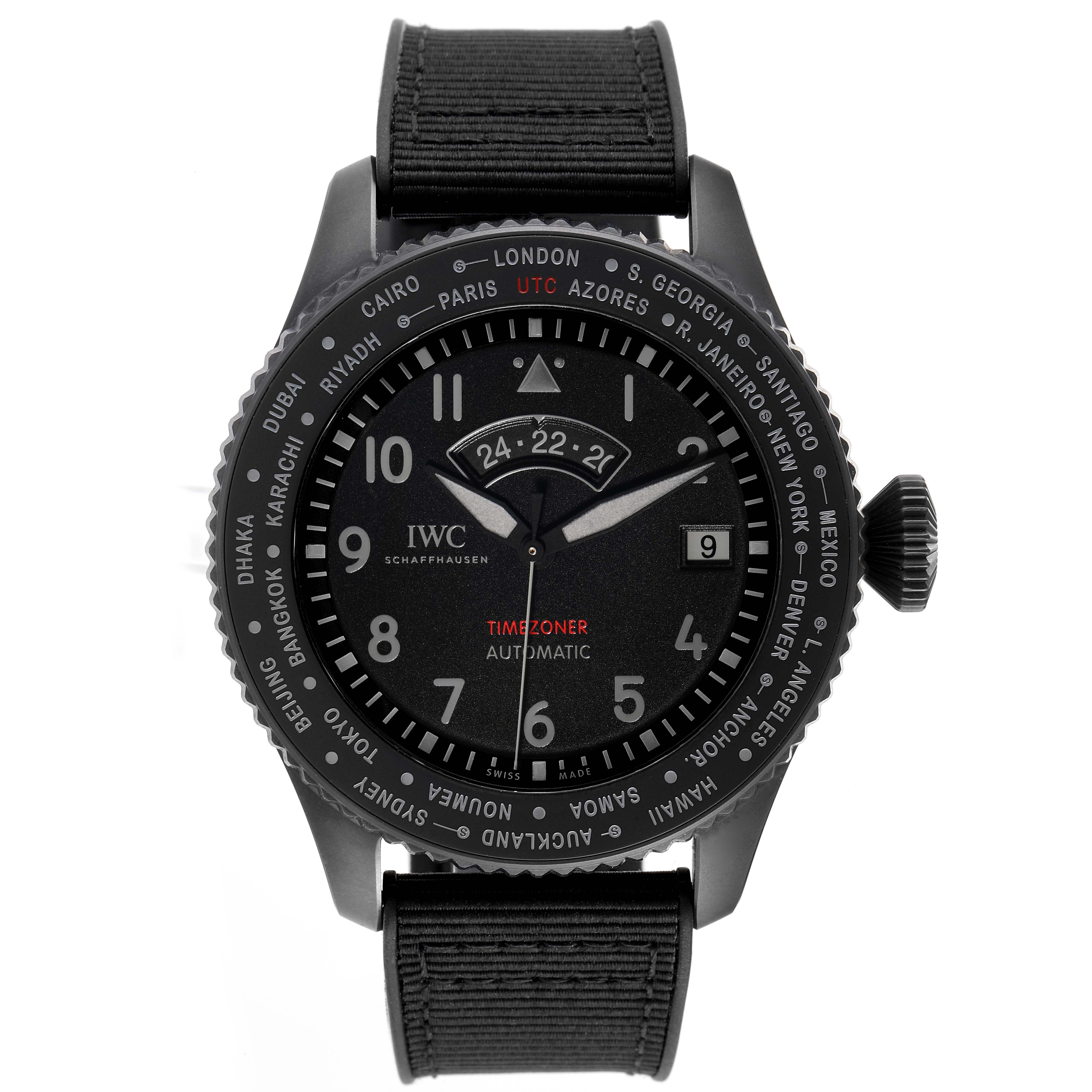 The image shows a front view of the IWC Pilot IW395505 Men's Ceramic Black Dial IW395505 Men's Ceramic Black Dial model watch, highlighting its face, bezel, and strap.