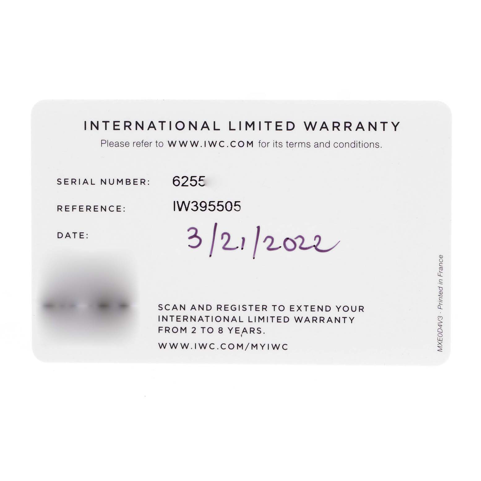 This image shows the International Limited Warranty card for the IWC Pilot IW395505 Men's Ceramic Black Dial IW395505 Men's Ceramic Black Dial model watch.