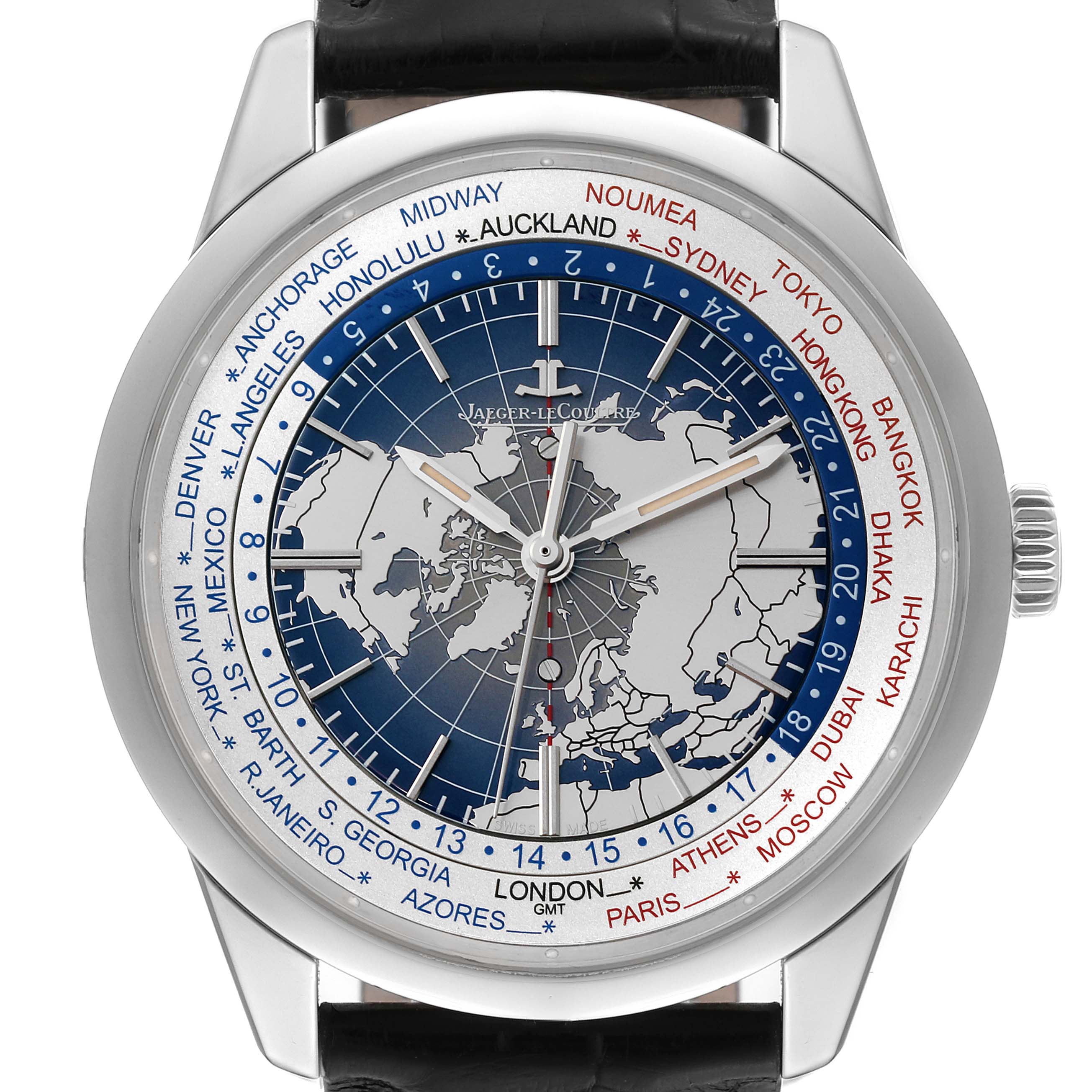 The image shows a frontal view of the Jaeger LeCoultre Geophysic Q8108420 Men's Stainless Steel Silver Dial Q8108420 Men's Stainless Steel Silver Dial watch, highlighting its world time dial and intricate design.