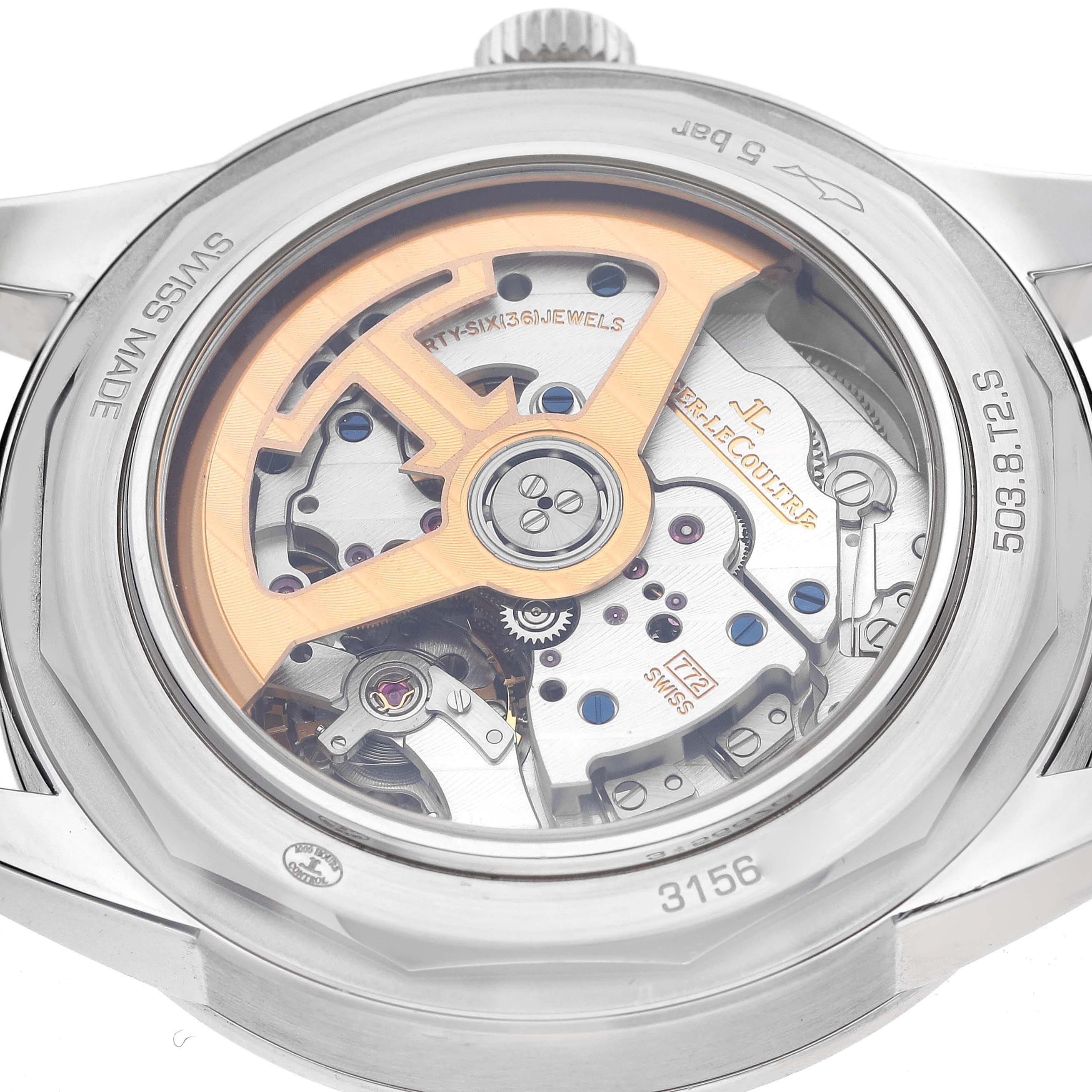This image shows the back view of a Jaeger LeCoultre Geophysic Q8108420 Men's Stainless Steel Silver Dial Q8108420 Men's Stainless Steel Silver Dial watch, revealing its intricate movement mechanism.