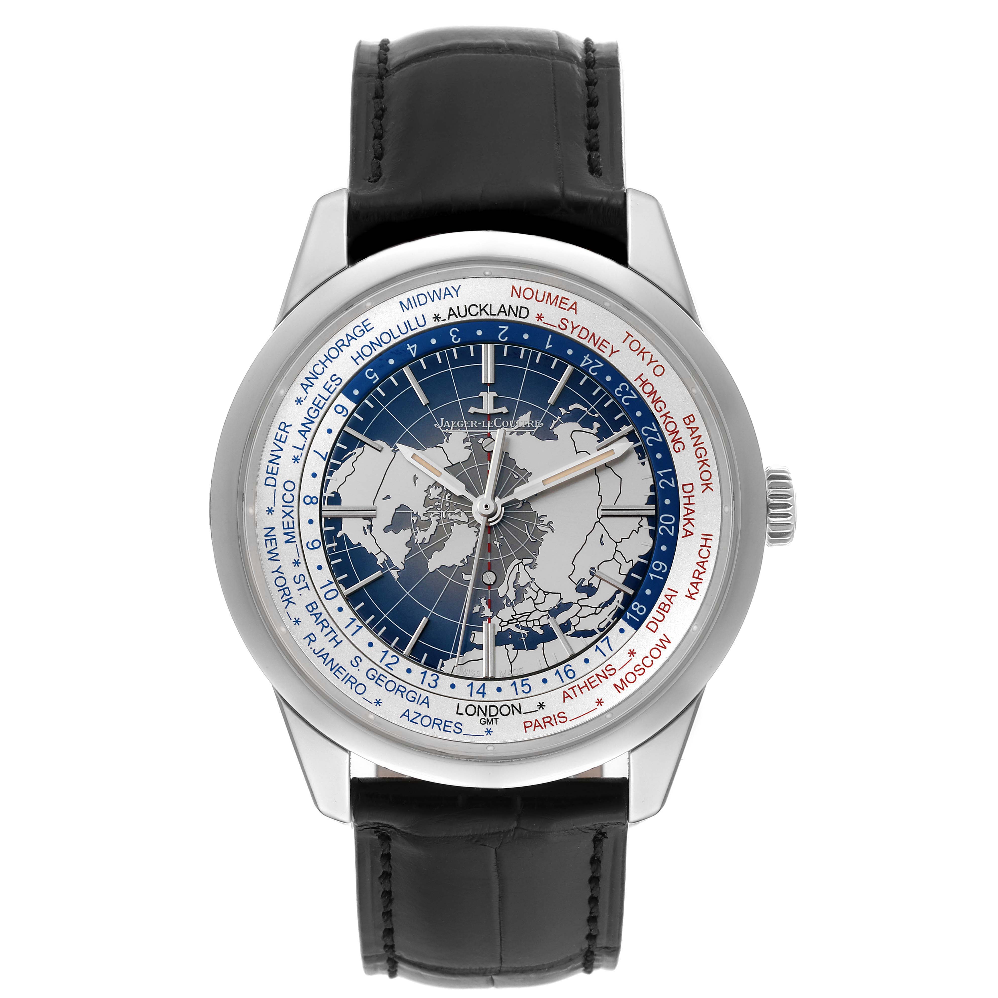 The image shows a front view of the Jaeger LeCoultre Geophysic Q8108420 Men's Stainless Steel Silver Dial Q8108420 Men's Stainless Steel Silver Dial watch with a detailed world map on the dial and a black leather strap.