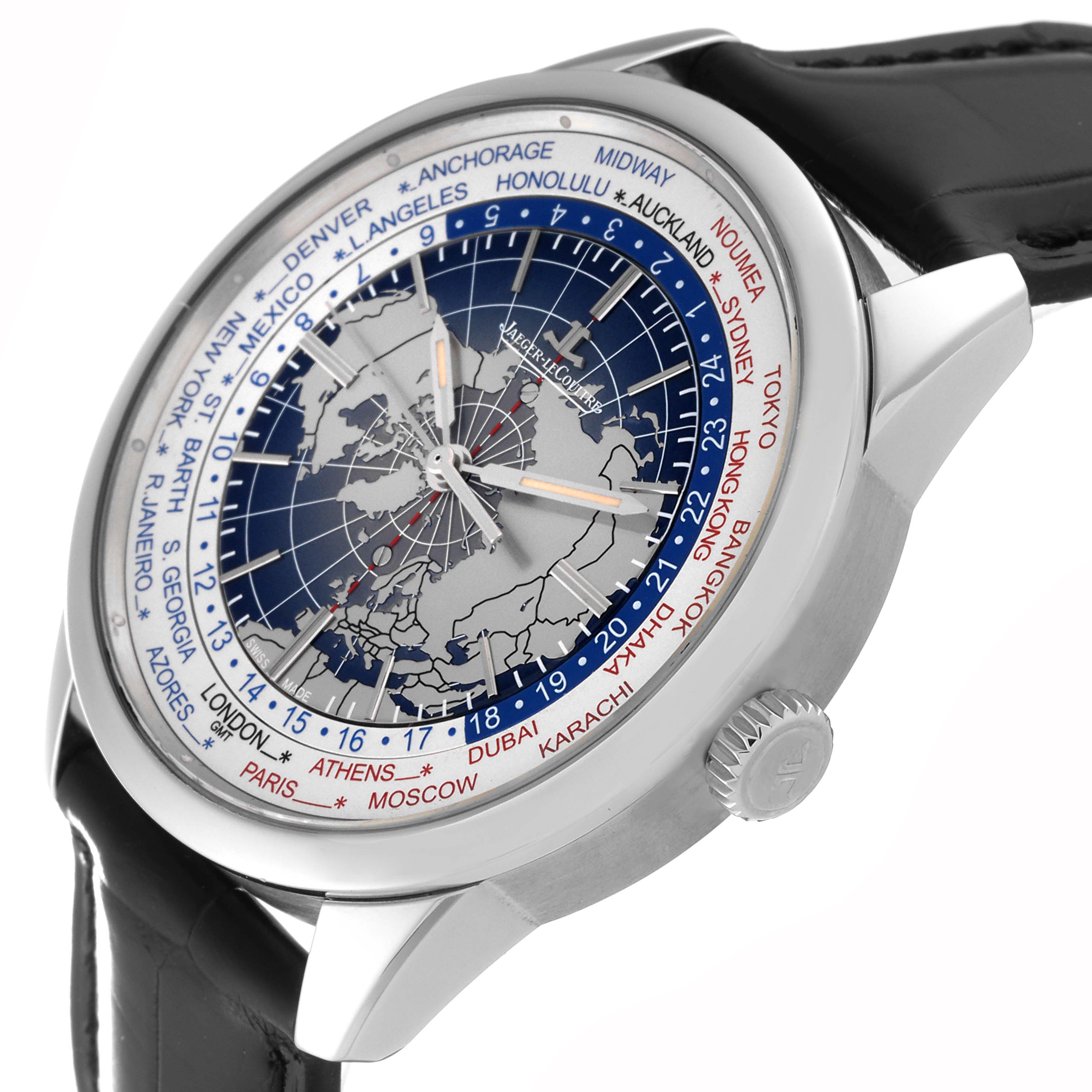 The image shows a Jaeger LeCoultre Geophysic Q8108420 Men's Stainless Steel Silver Dial Q8108420 Men's Stainless Steel Silver Dial watch angled to highlight the dial, bezel, and crown, showcasing city time zones.