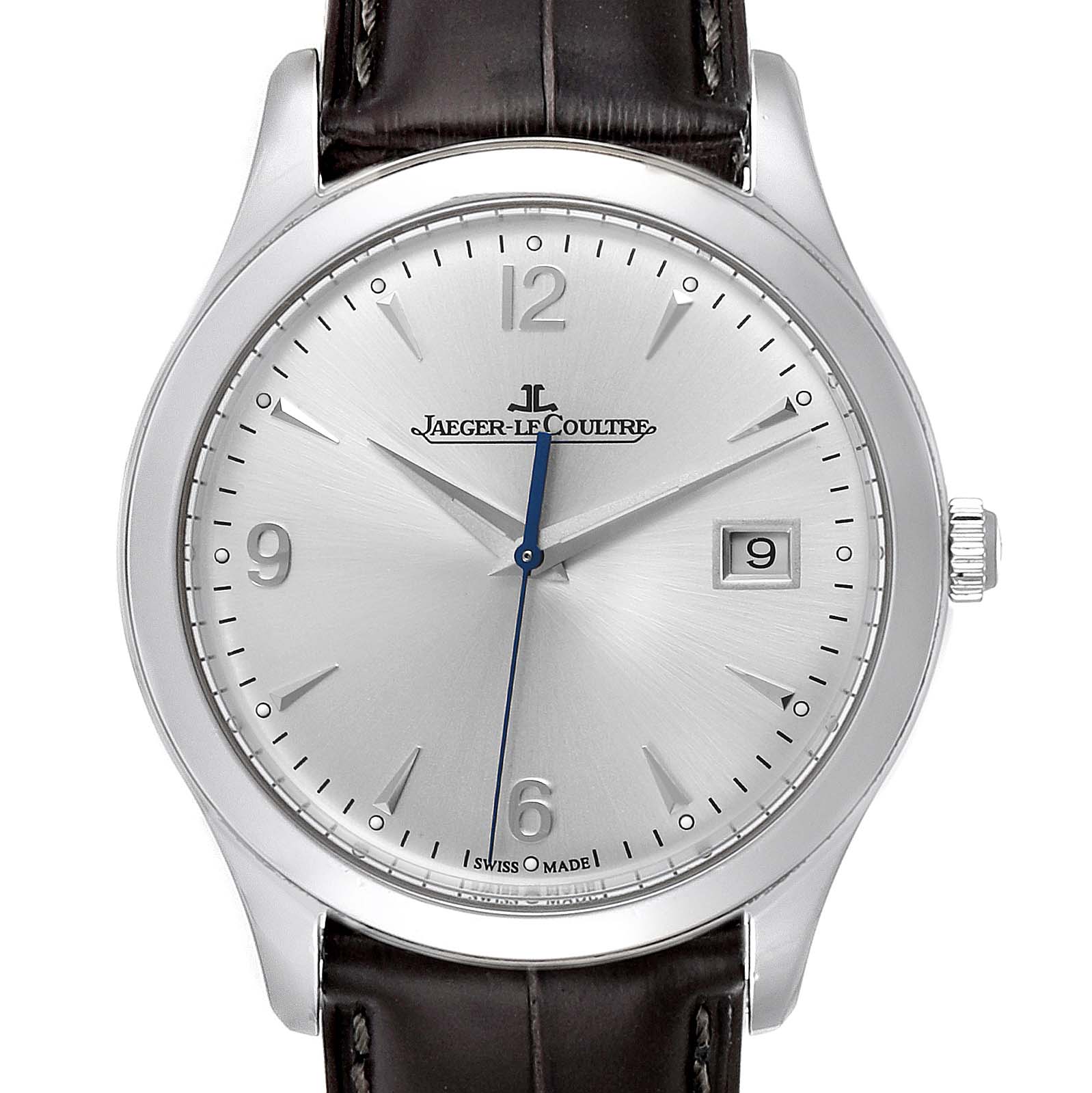 The image shows a front view of a Jaeger LeCoultre Master Q1548420 Men's Stainless Steel Silver Dial Q1548420 Men's Stainless Steel Silver Dial watch featuring the watch face, dial, crown, and leather strap.