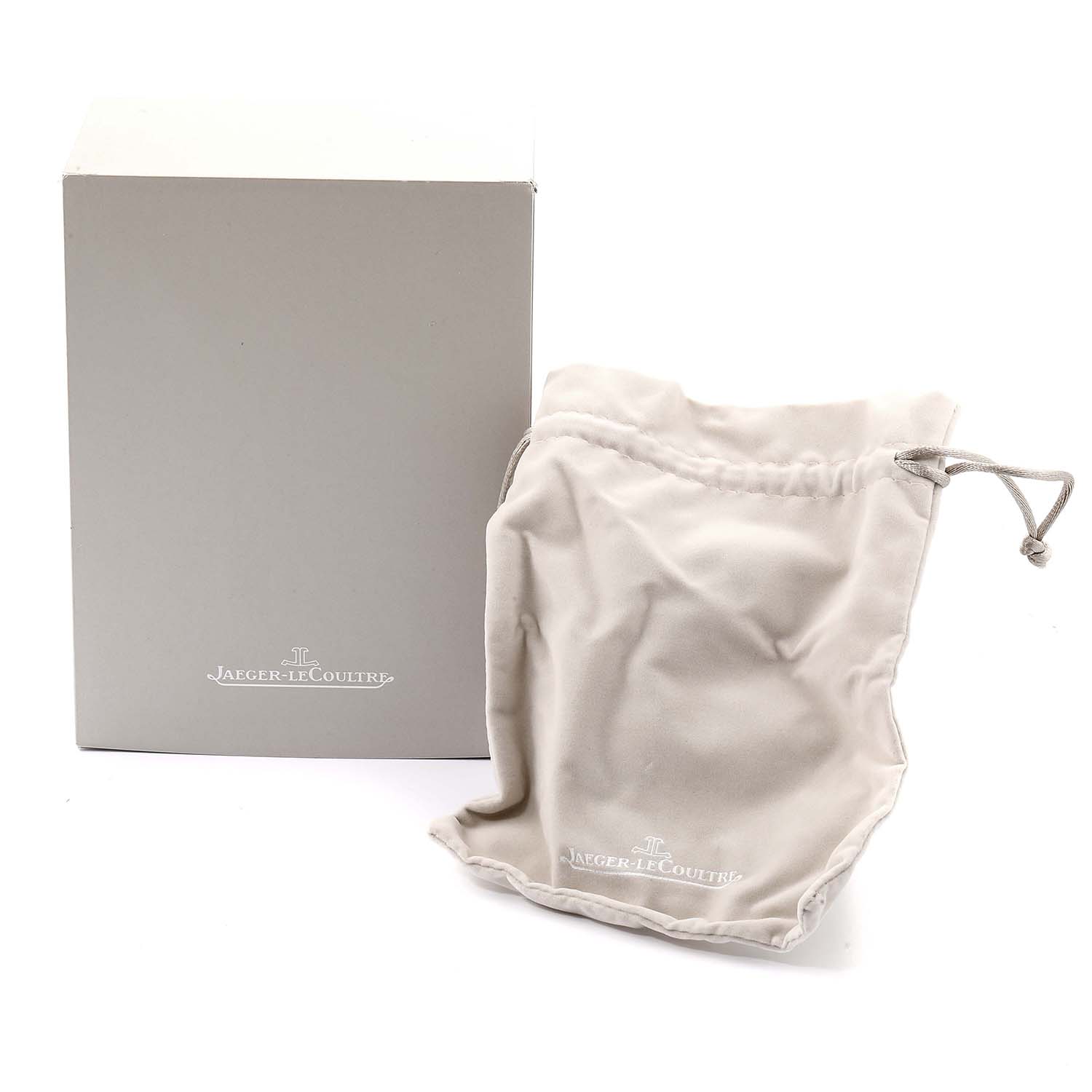 The image shows the packaging box and a drawstring pouch for a Jaeger LeCoultre Master Q1548420 Men's Stainless Steel Silver Dial Q1548420 Men's Stainless Steel Silver Dial model watch.