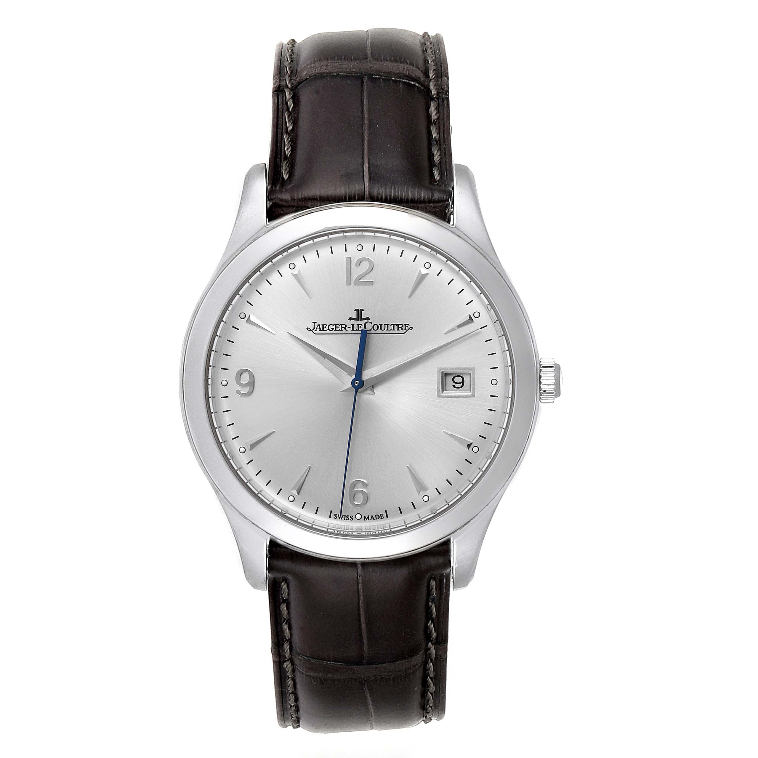 This is a front view of the Jaeger-LeCoultre Master model watch showing the dial, hands, date window, and leather strap.