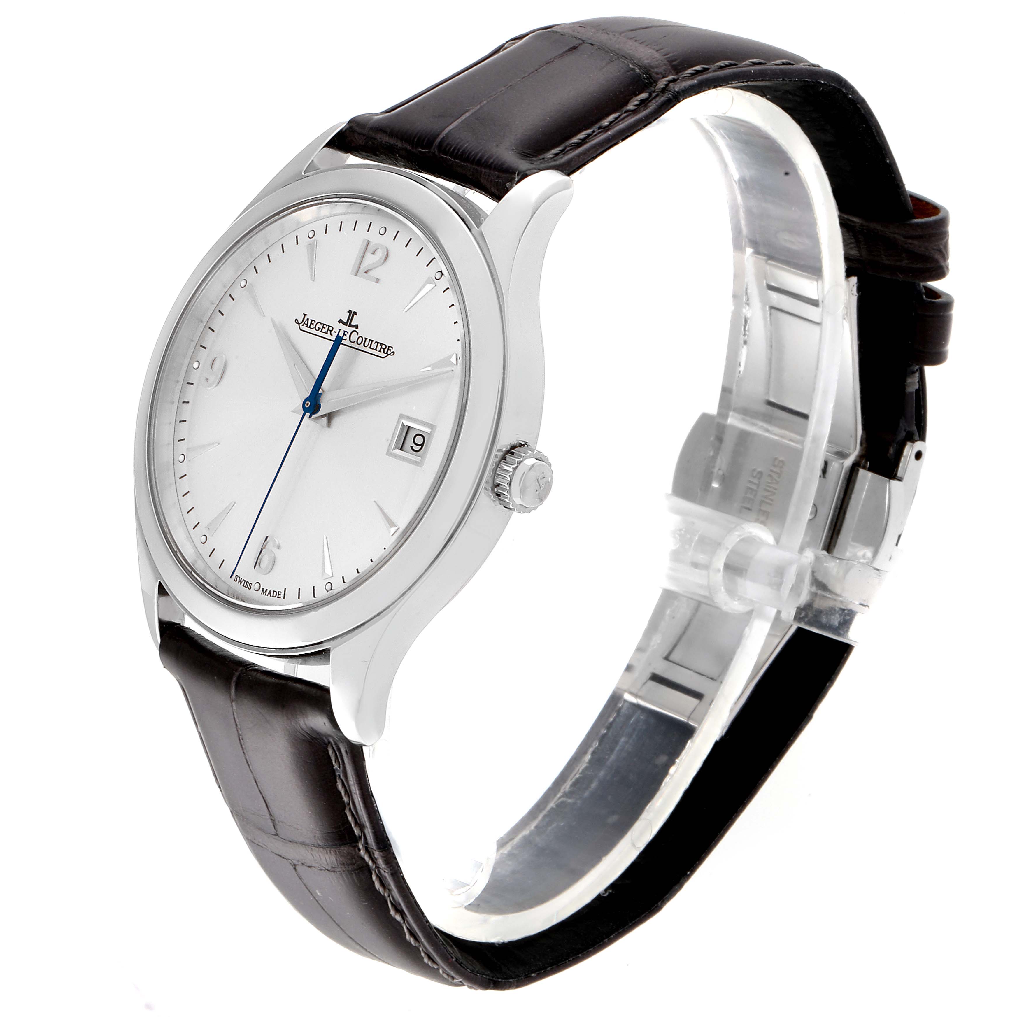 This Jaeger-LeCoultre Master model watch is shown from a side angle, highlighting its face, crown, and leather strap.