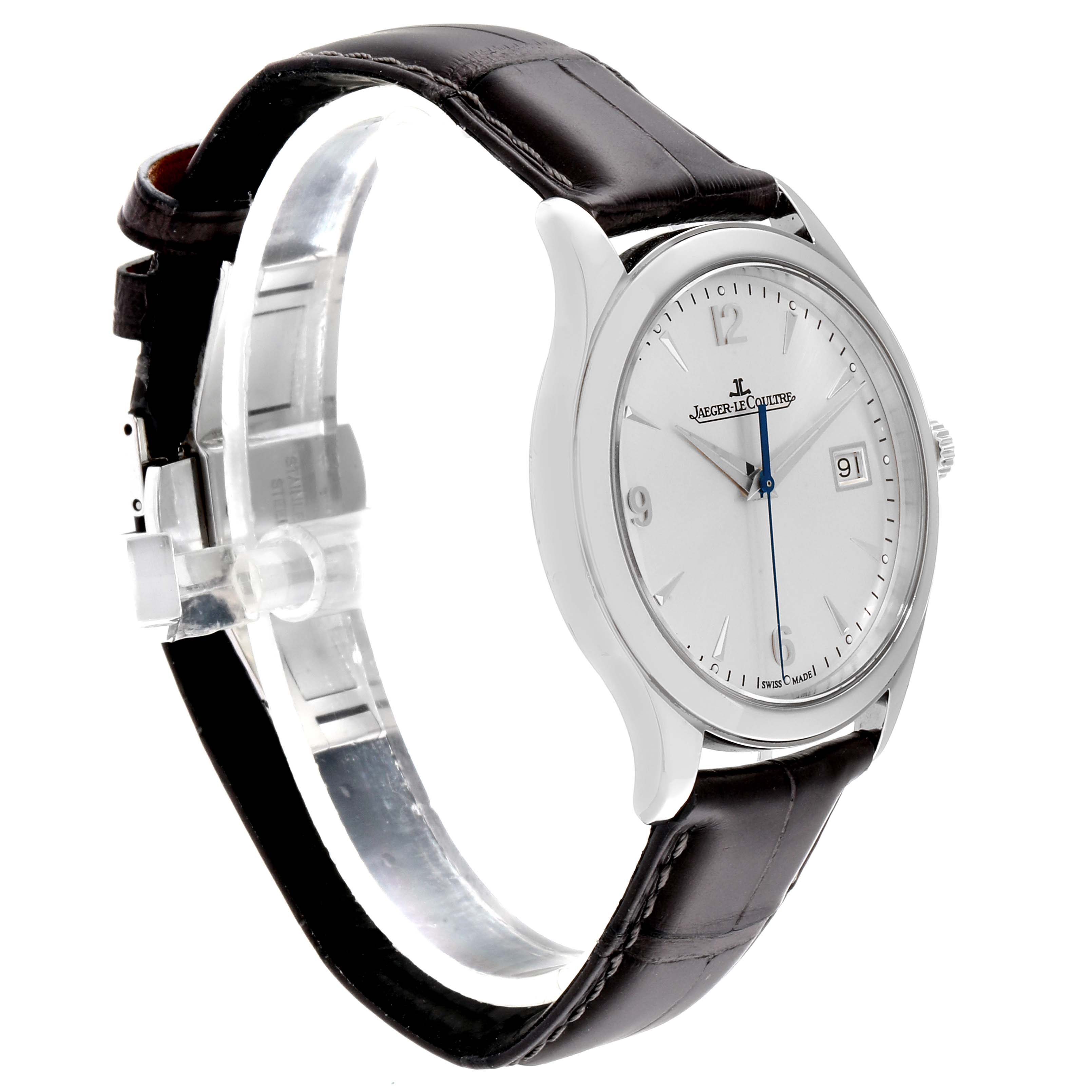 The Jaeger-LeCoultre Master model watch is shown at a side angle, displaying the face and leather strap.