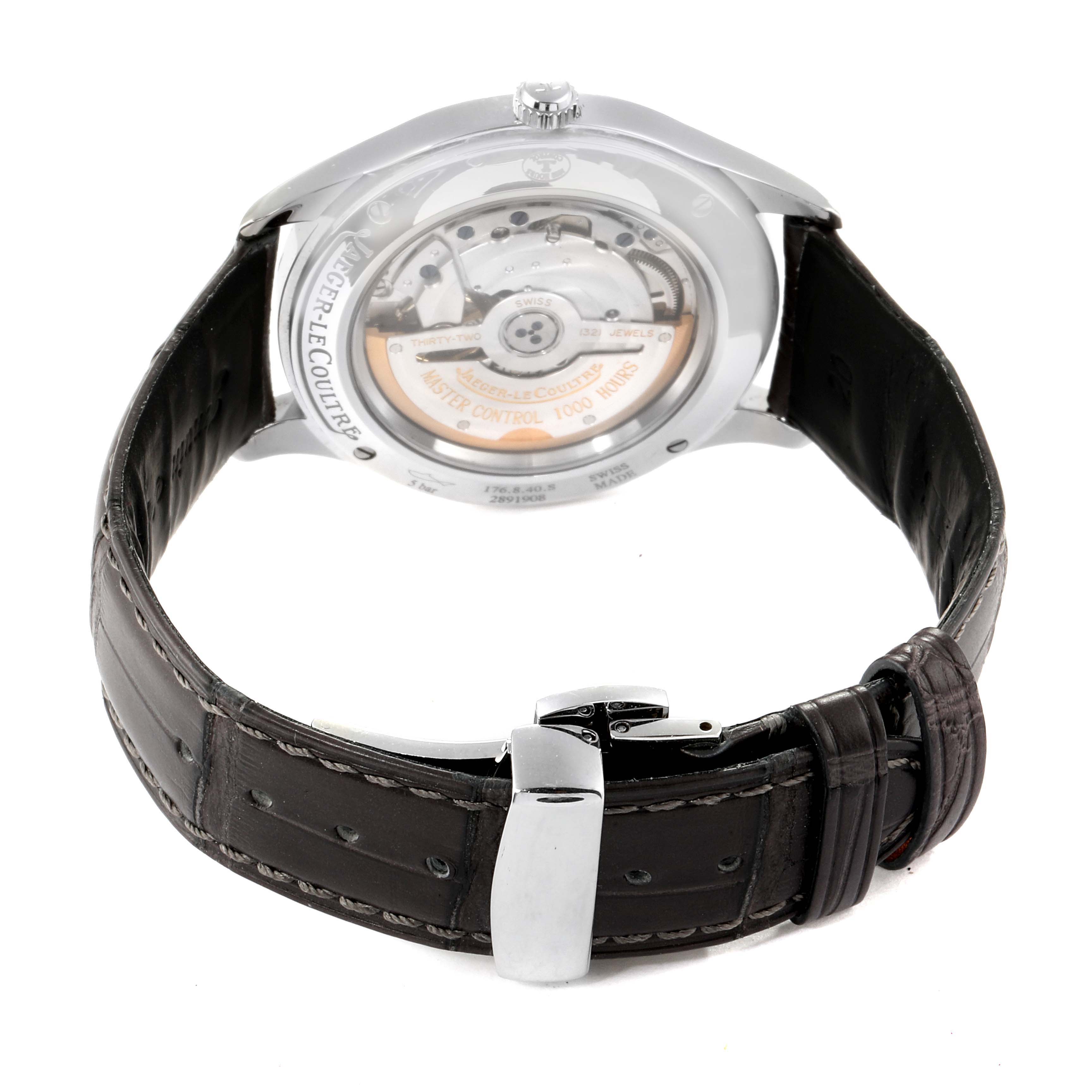 The image shows the back view of a Jaeger LeCoultre Master Q1548420 Men's Stainless Steel Silver Dial Q1548420 Men's Stainless Steel Silver Dial model watch, displaying its movement and leather strap with a buckle clasp.