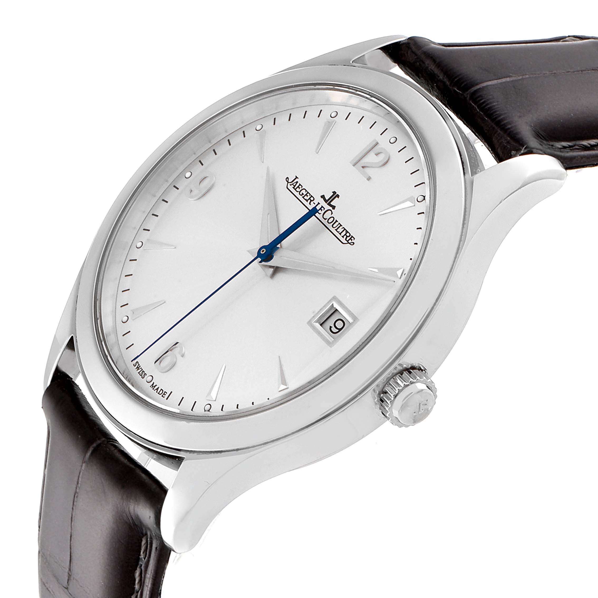 The image shows a side-angle view of a Jaeger LeCoultre Master Q1548420 Men's Stainless Steel Silver Dial Q1548420 Men's Stainless Steel Silver Dial model watch, highlighting the dial, crown, and part of the leather strap.