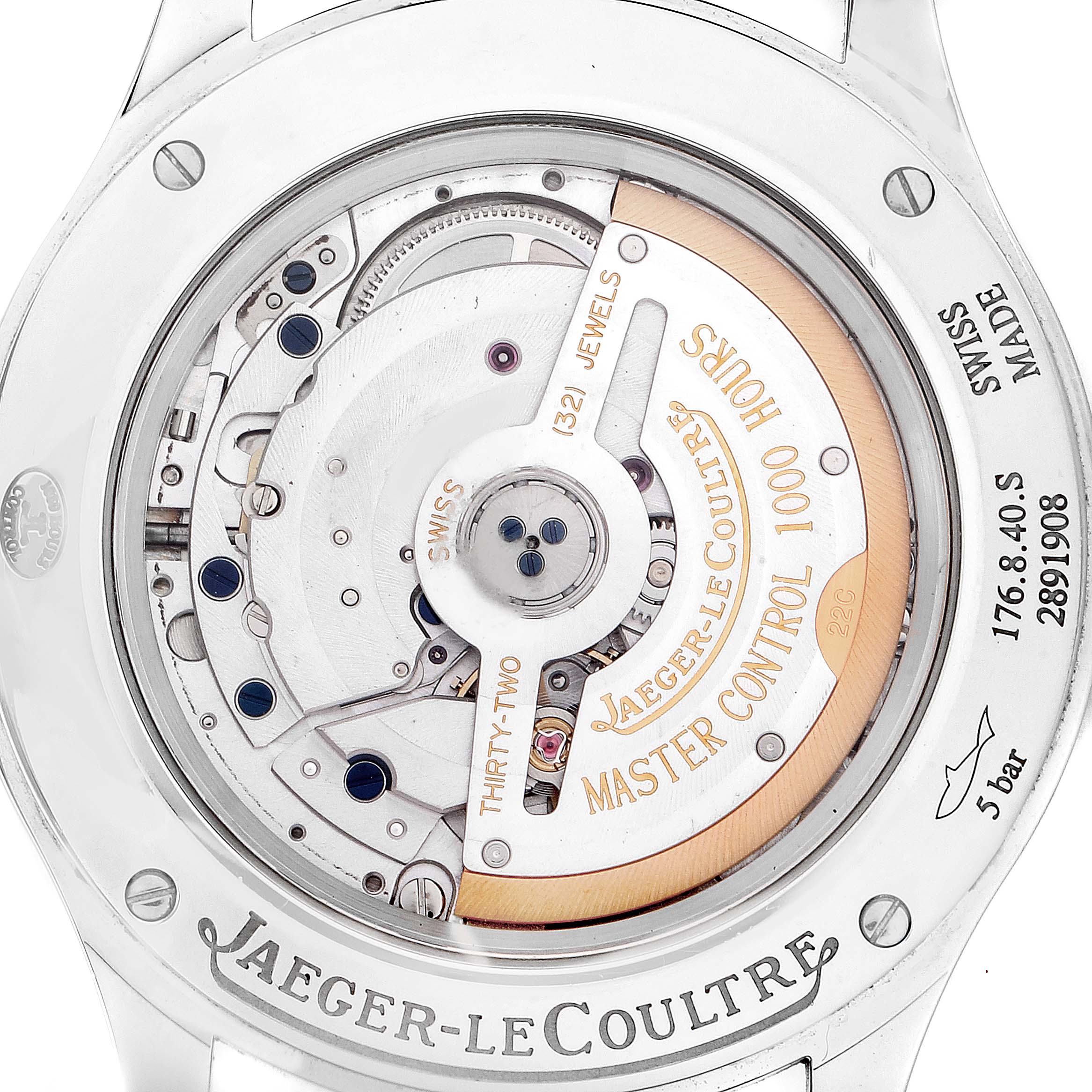 This image shows the back case of the Jaeger-LeCoultre Master model watch, displaying its intricate movement mechanisms.