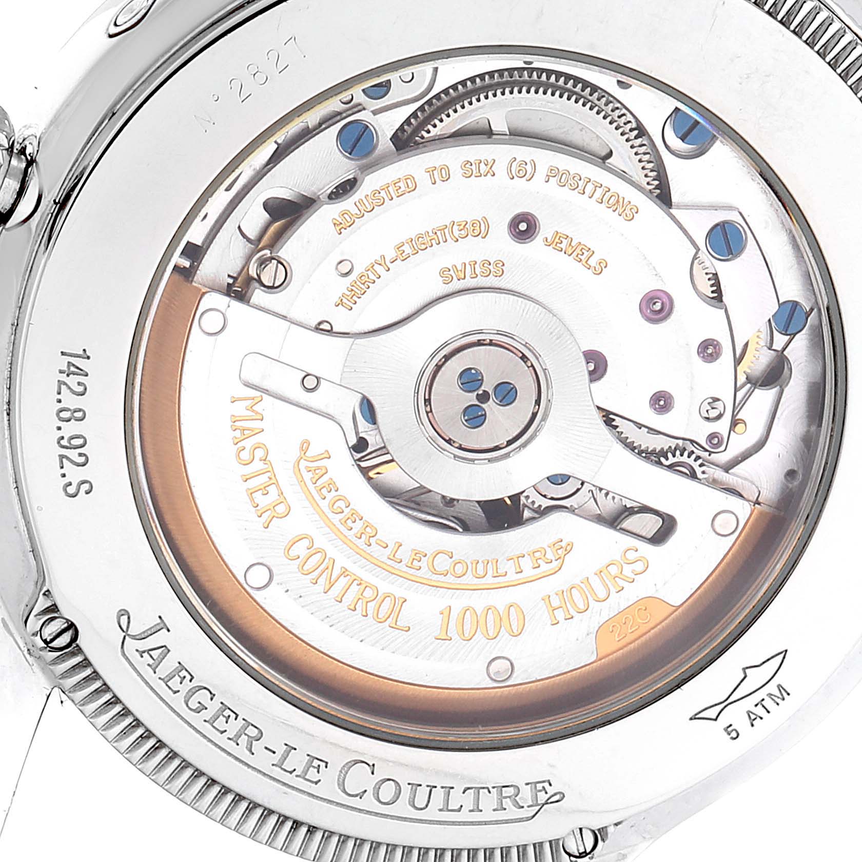 The image shows the back of a Jaeger-LeCoultre Master model watch, highlighting the exposed movement mechanism.