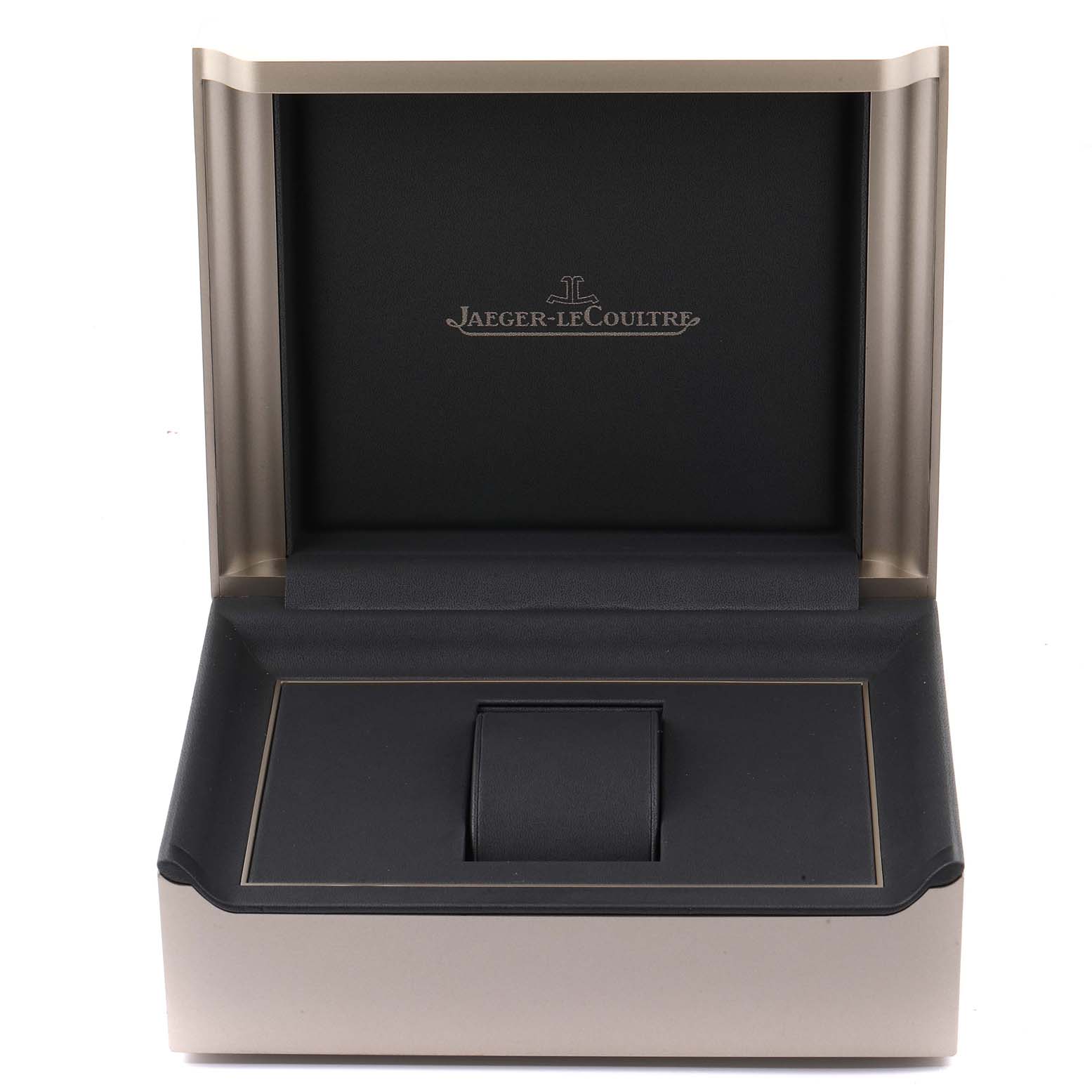 The image shows a display box for the Jaeger LeCoultre Master Q1428170 Men's Stainless Steel Black Dial Q1428170 Men's Stainless Steel Black Dial model, with the lid open, revealing an empty cushion for the watch.