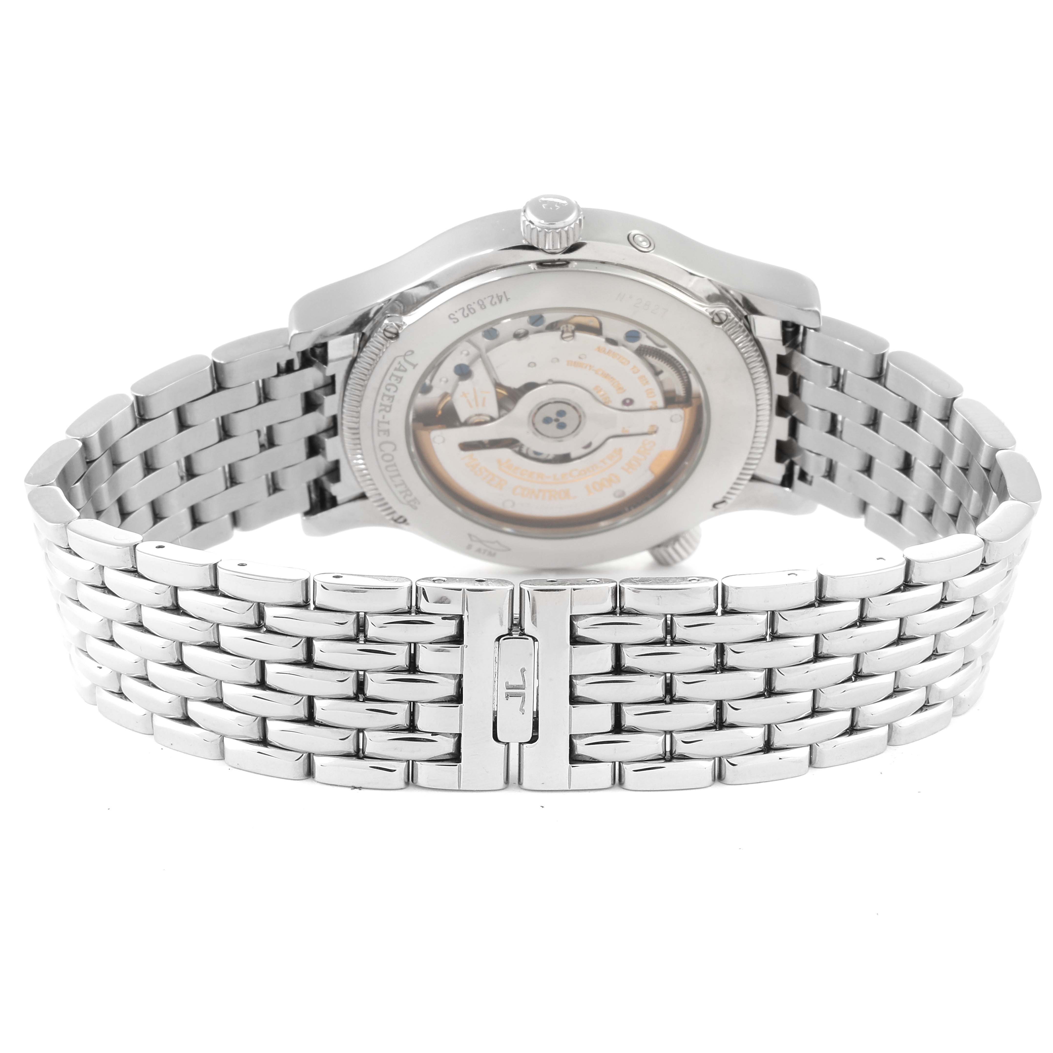 The image shows the backside and bracelet of the Jaeger LeCoultre Master Q1428170 Men's Stainless Steel Black Dial Q1428170 Men's Stainless Steel Black Dial model watch, focusing on the case back and clasp.