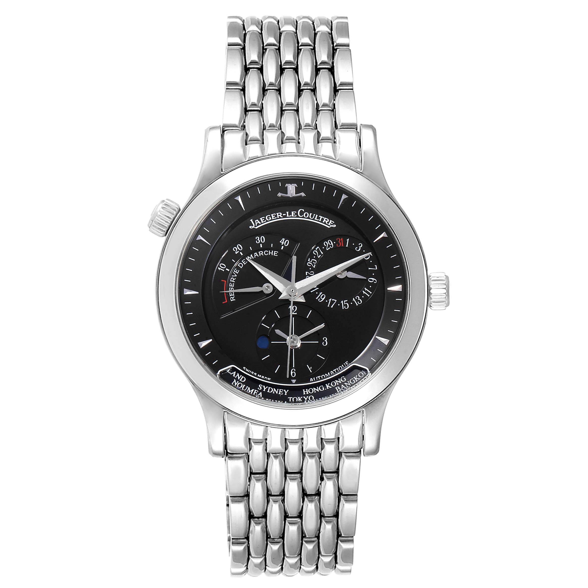 The Jaeger LeCoultre Master Q1428170 Men's Stainless Steel Black Dial Q1428170 Men's Stainless Steel Black Dial model watch is shown from a top-down angle, displaying its dial and stainless steel band.