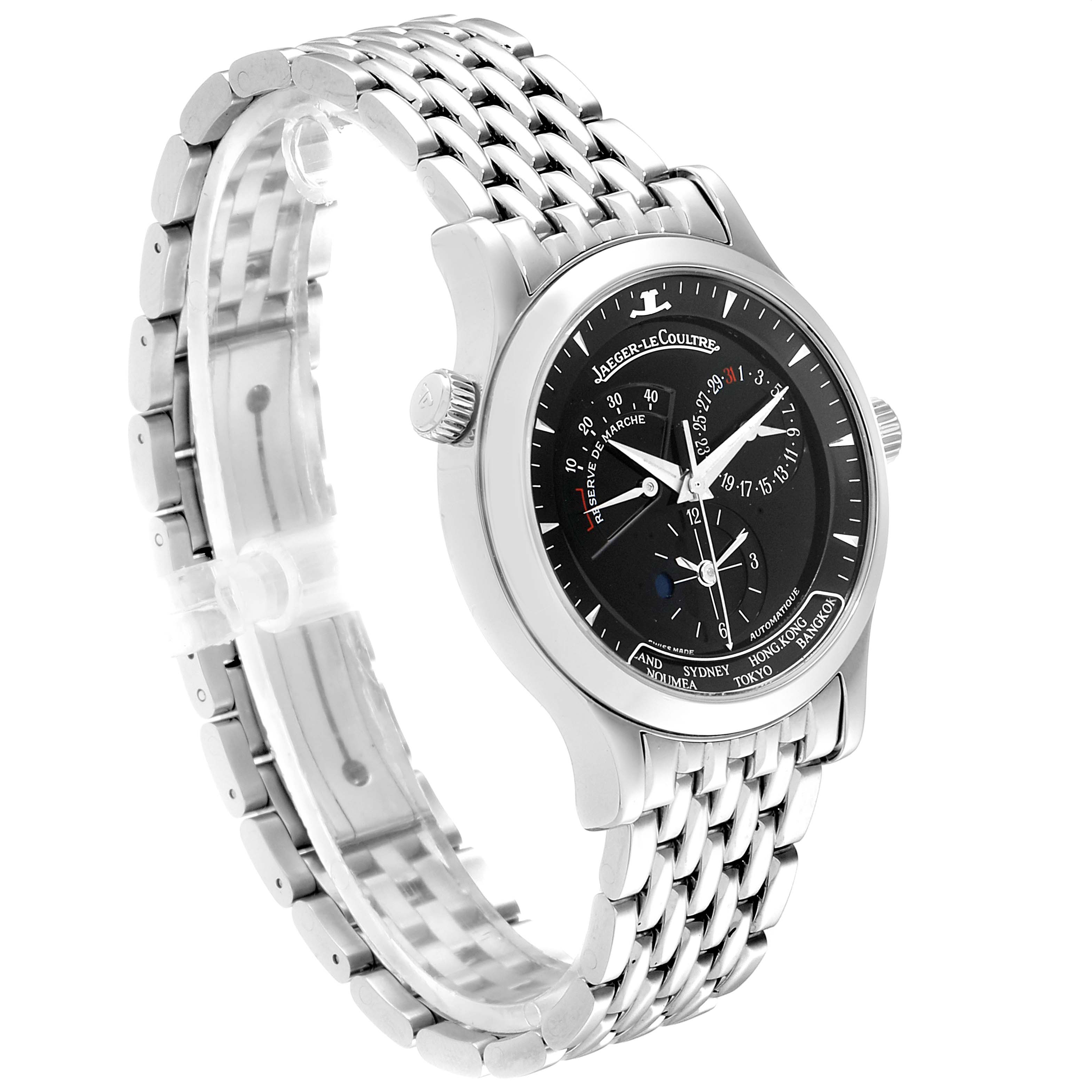 The image shows a Jaeger-LeCoultre Master model watch from a left-front angle, highlighting its black dial and stainless steel bracelet.