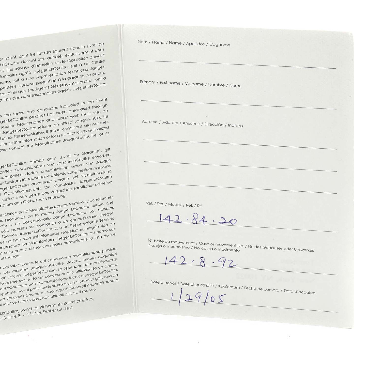 The image shows the open warranty booklet for the Jaeger-LeCoultre Master model watch with reference numbers and date of purchase filled in.