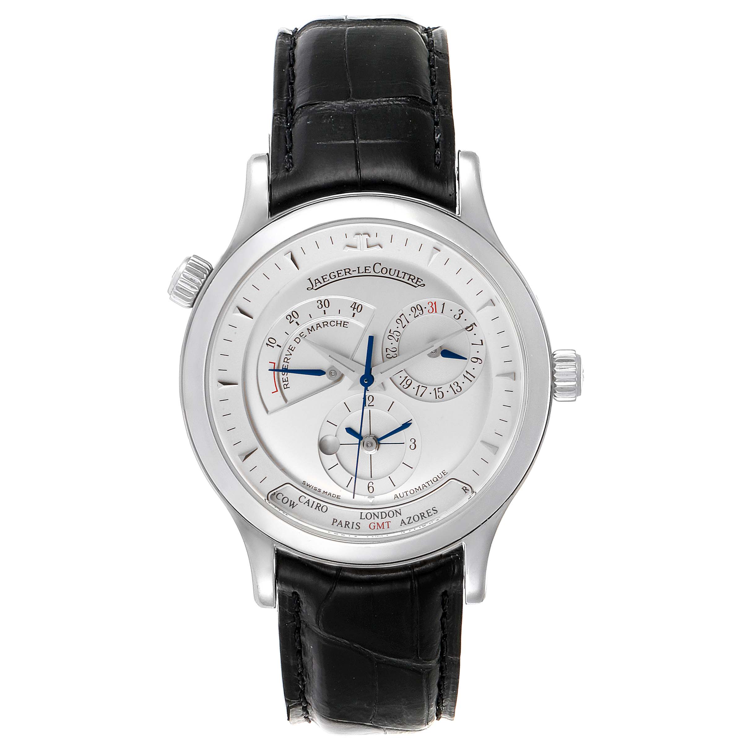 The Jaeger LeCoultre Master Q1428420 Men's Stainless Steel Silver Dial Q1428420 Men's Stainless Steel Silver Dial model watch is shown from a front angle, displaying its dial, hands, and black leather strap.
