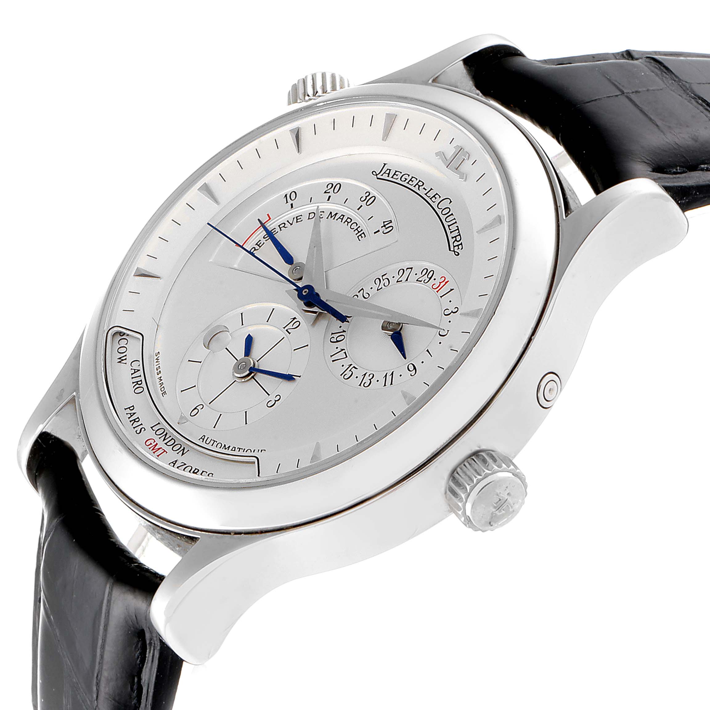 The image shows a Jaeger-LeCoultre Master model watch from an angled top view, highlighting the dial, case, crown, and leather strap.