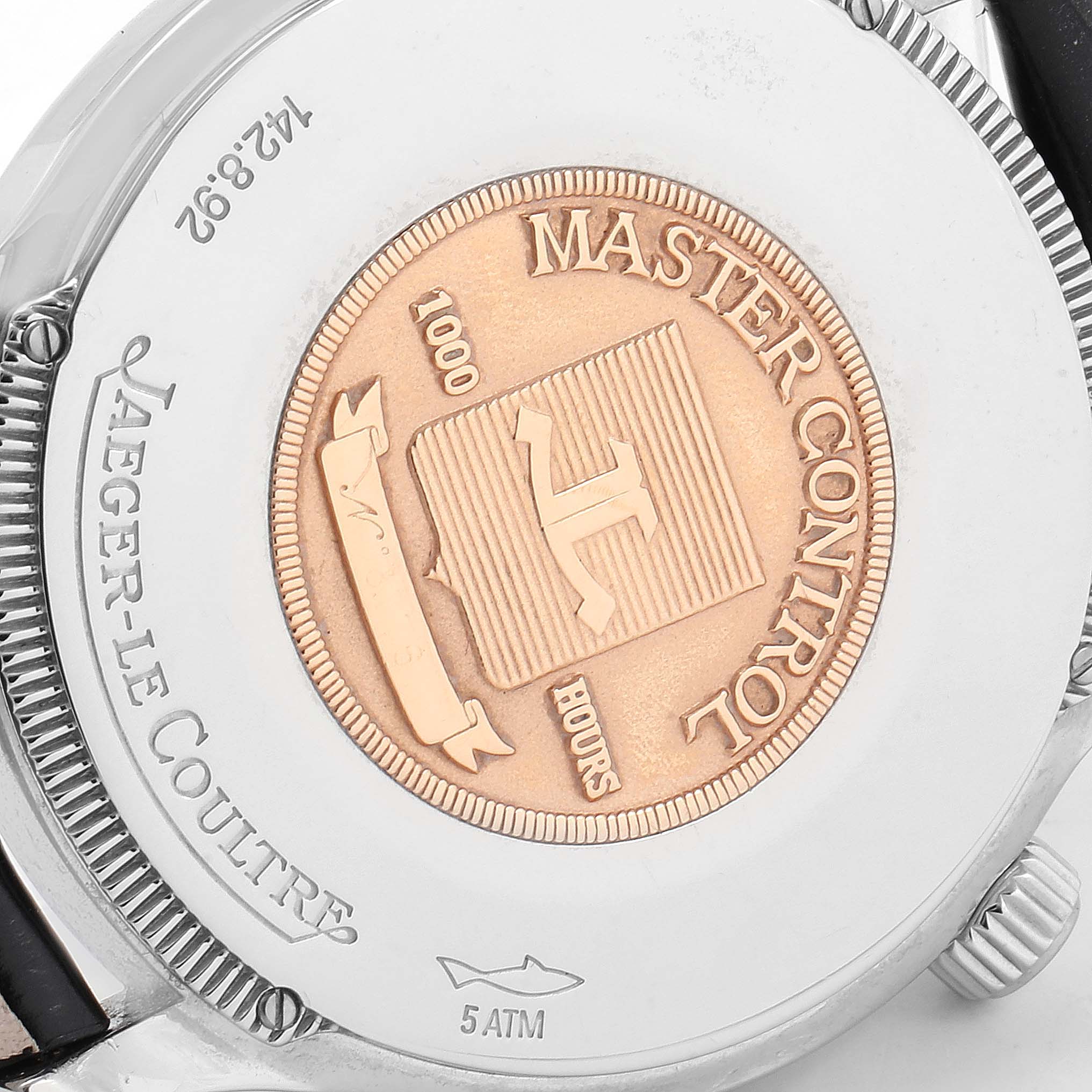 The image shows the back side of the Jaeger-LeCoultre Master Control watch, highlighting the case back details and engravings.