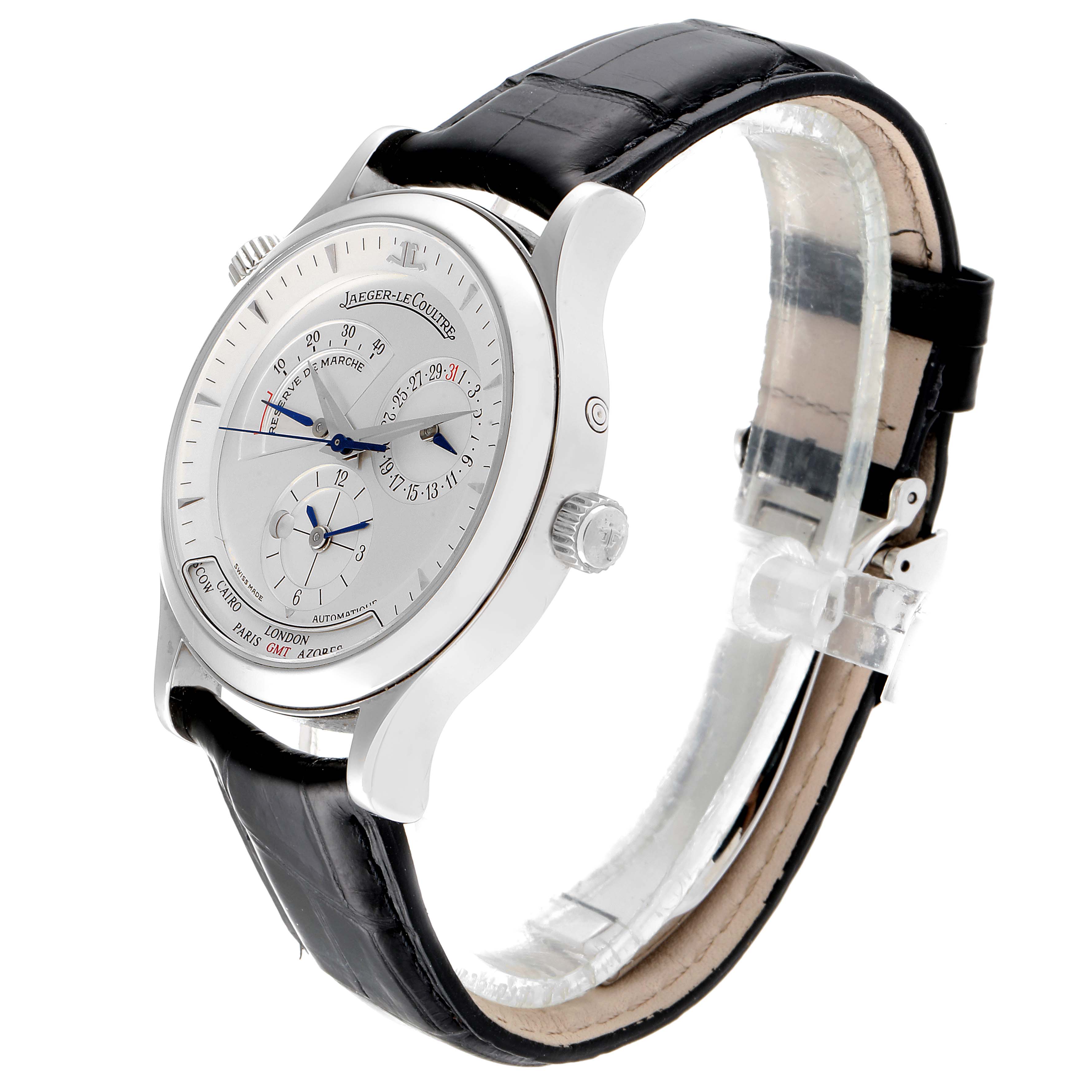 The Jaeger-LeCoultre Master model watch is shown from a front-side angle, highlighting the dial, case, and black leather strap.