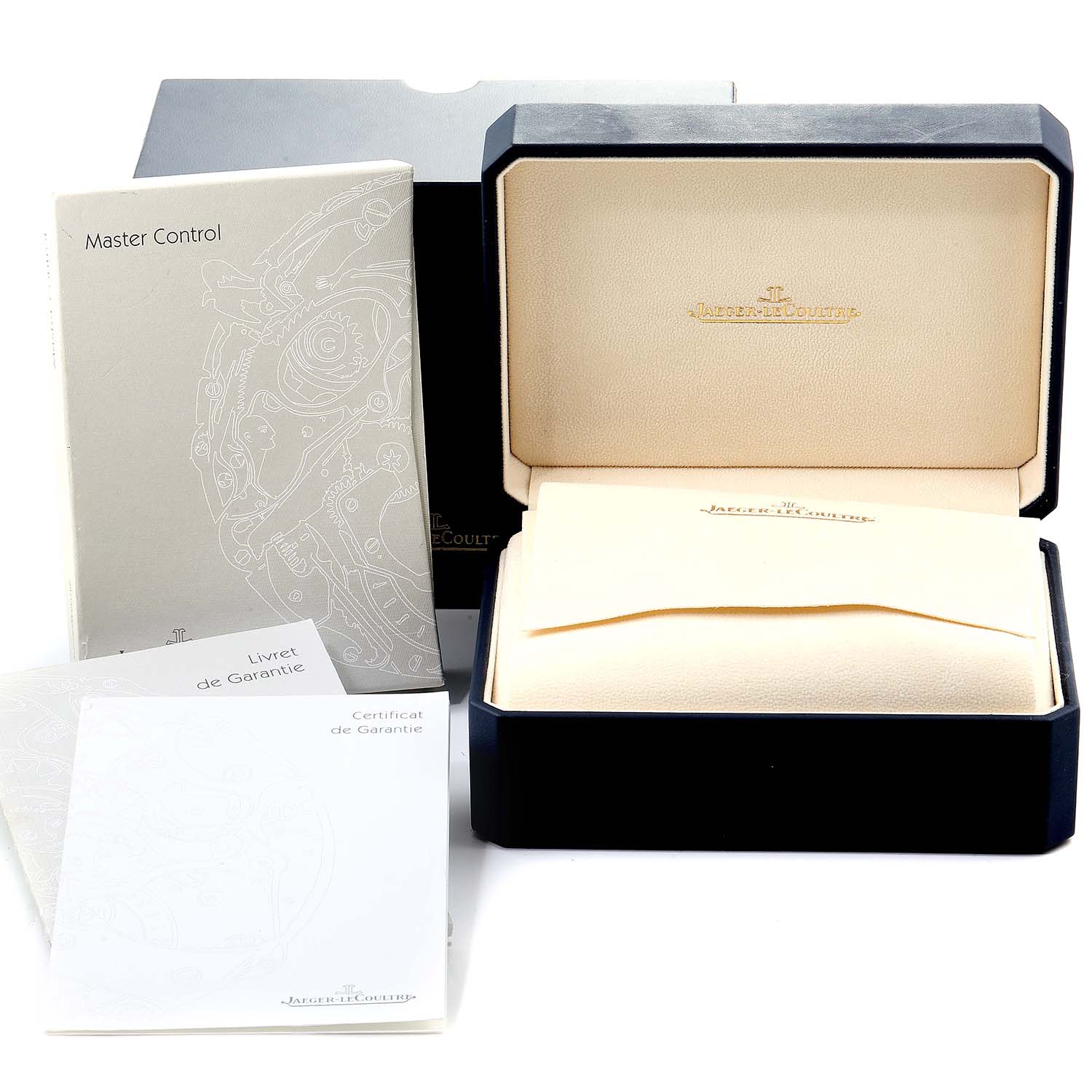 The image shows the packaging, box, and documents for the Jaeger LeCoultre Master Q1428420 Men's Stainless Steel Silver Dial Q1428420 Men's Stainless Steel Silver Dial model watch.