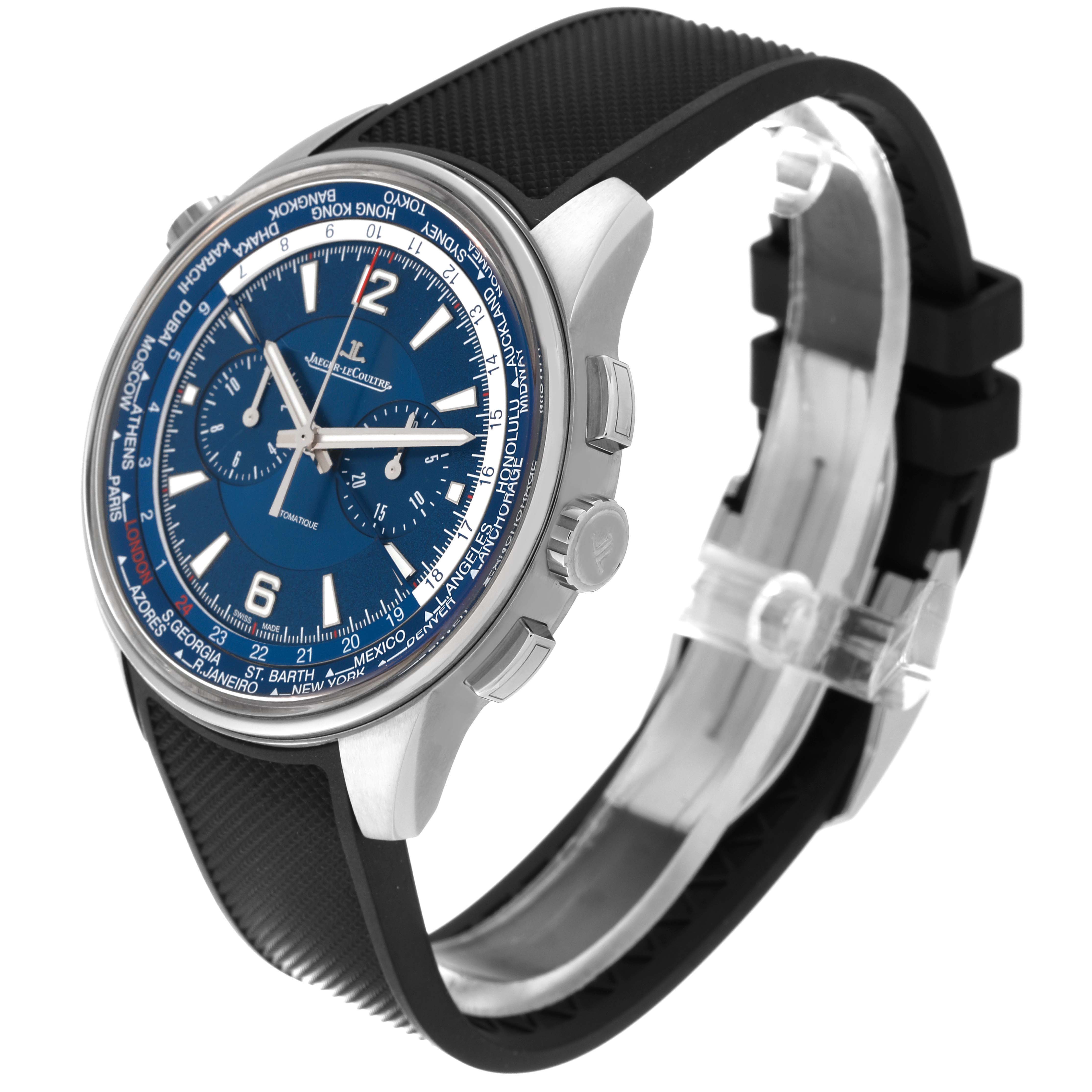 This Jaeger LeCoultre Polaris Q905T480 Men's Titanium Blue Dial Q905T480 Men's Titanium Blue Dial watch is shown at a three-quarter angle, highlighting its blue dial, chronograph, and black strap.