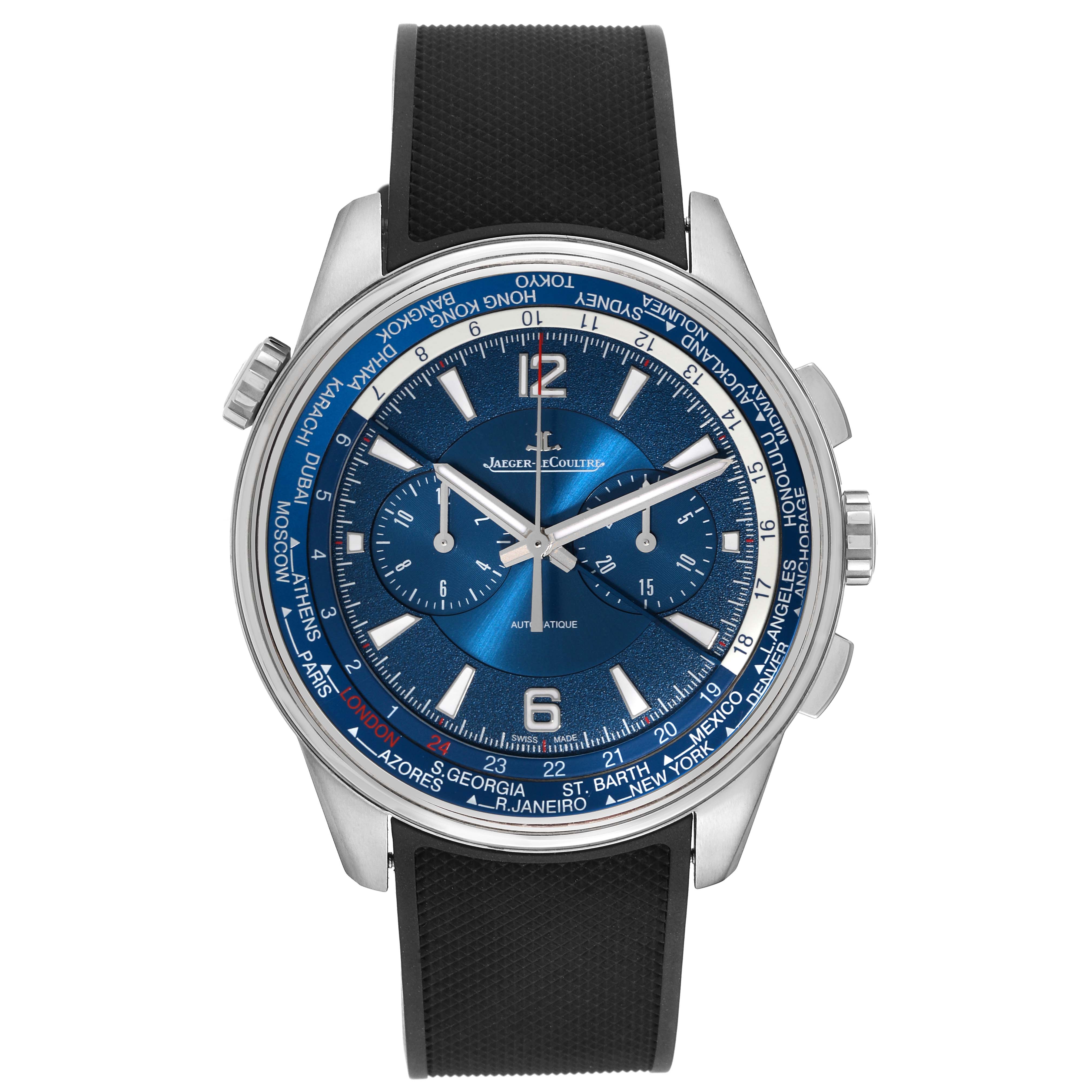 The image shows a front view of a Jaeger LeCoultre Polaris Q905T480 Men's Titanium Blue Dial Q905T480 Men's Titanium Blue Dial watch with a blue dial and a black strap.