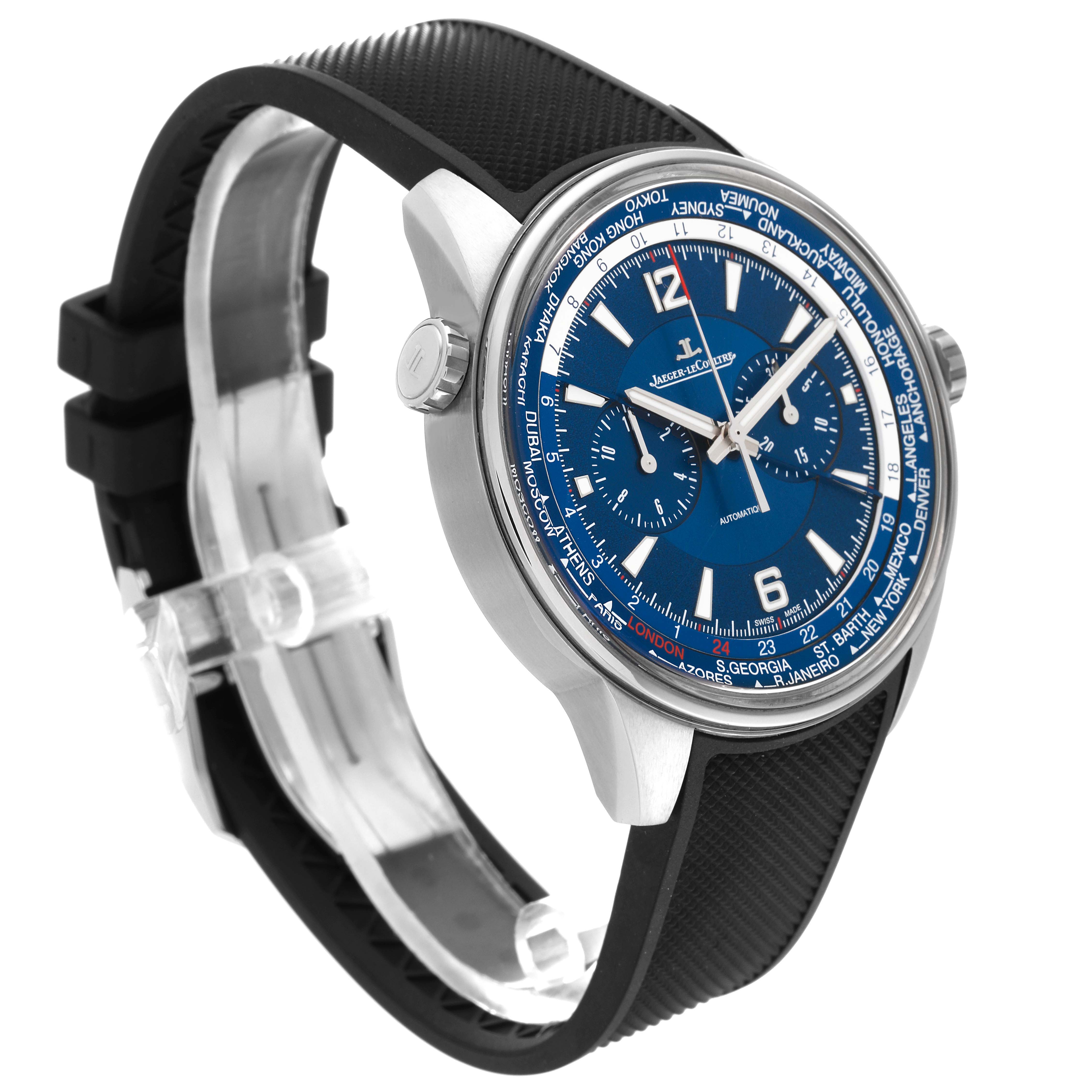 The Jaeger LeCoultre Polaris Q905T480 Men's Titanium Blue Dial Q905T480 Men's Titanium Blue Dial watch is shown at an angled side view, highlighting its blue dial and black rubber strap.