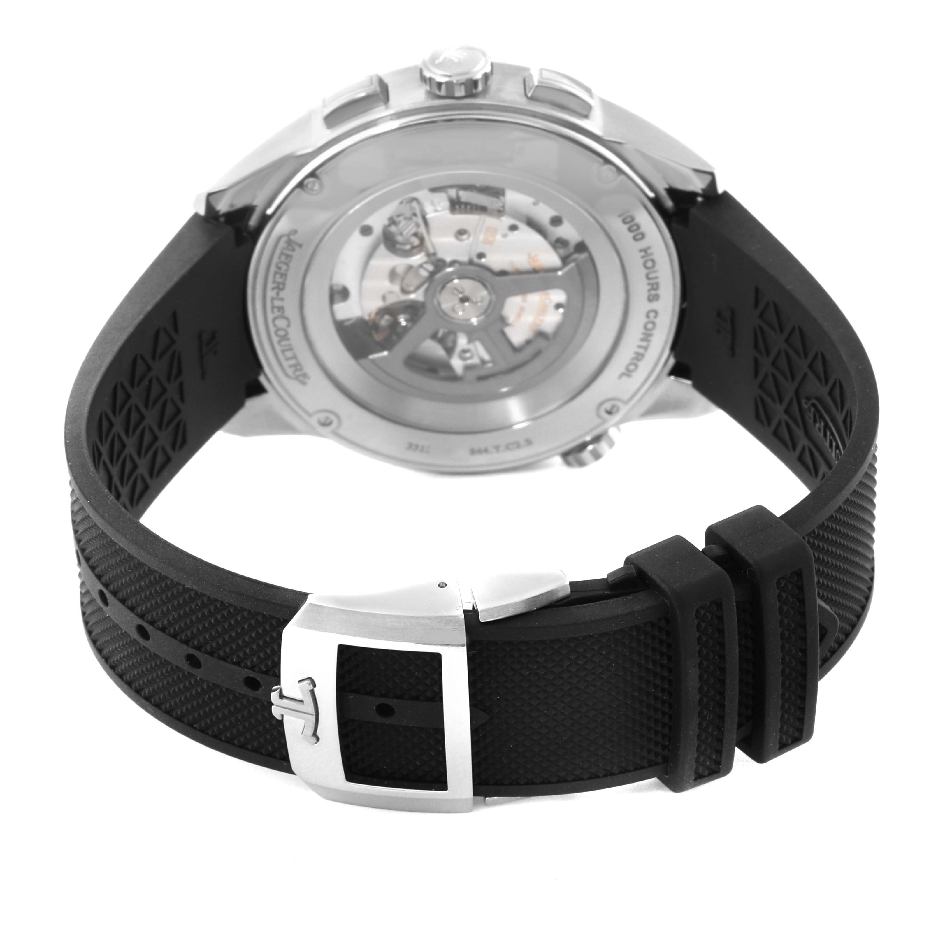 This image shows the back view of the Jaeger LeCoultre Polaris Q905T480 Men's Titanium Blue Dial Q905T480 Men's Titanium Blue Dial watch, highlighting its automatic movement and black rubber strap with buckle.