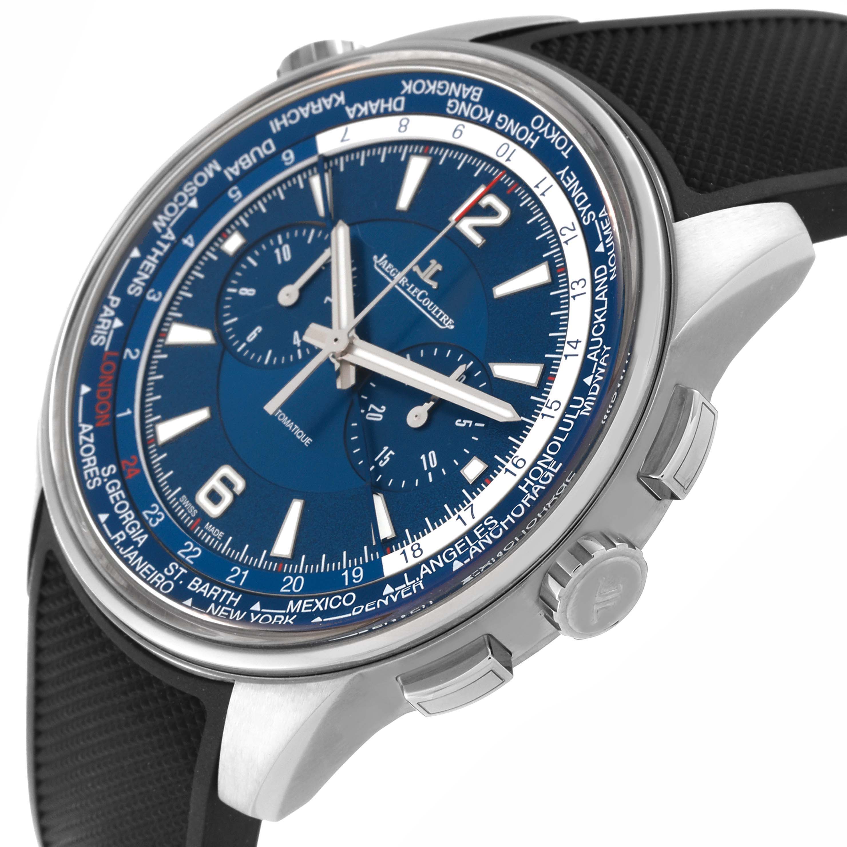 The image shows a close-up side angle of the Jaeger LeCoultre Polaris Q905T480 Men's Titanium Blue Dial Q905T480 Men's Titanium Blue Dial watch, highlighting its face, dial, and buttons.