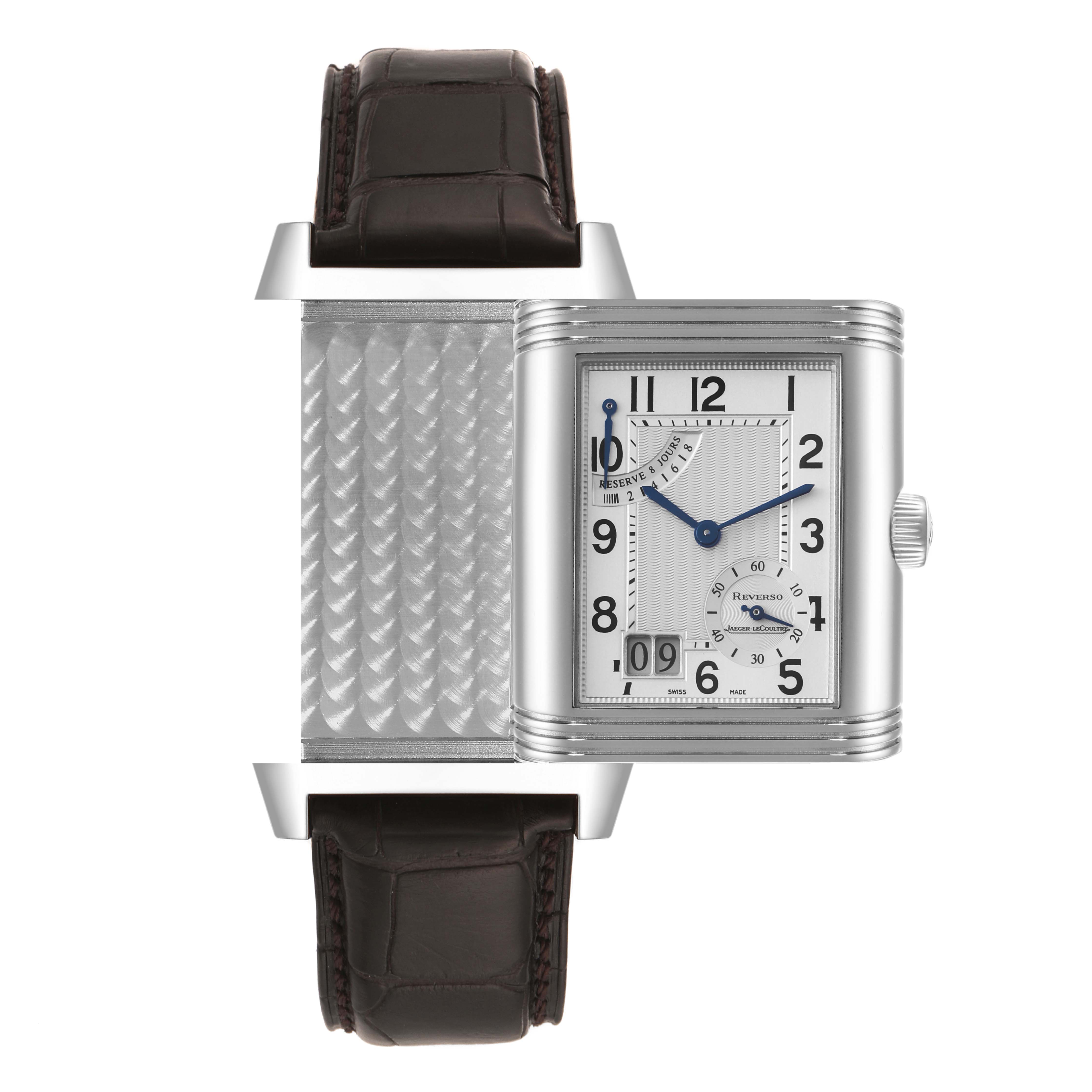 This image shows a Jaeger LeCoultre Reverso Q3008420 Men's Stainless Steel Silver Dial Q3008420 Men's Stainless Steel Silver Dial watch in a partially rotated position, displaying both the dial and the back casing.