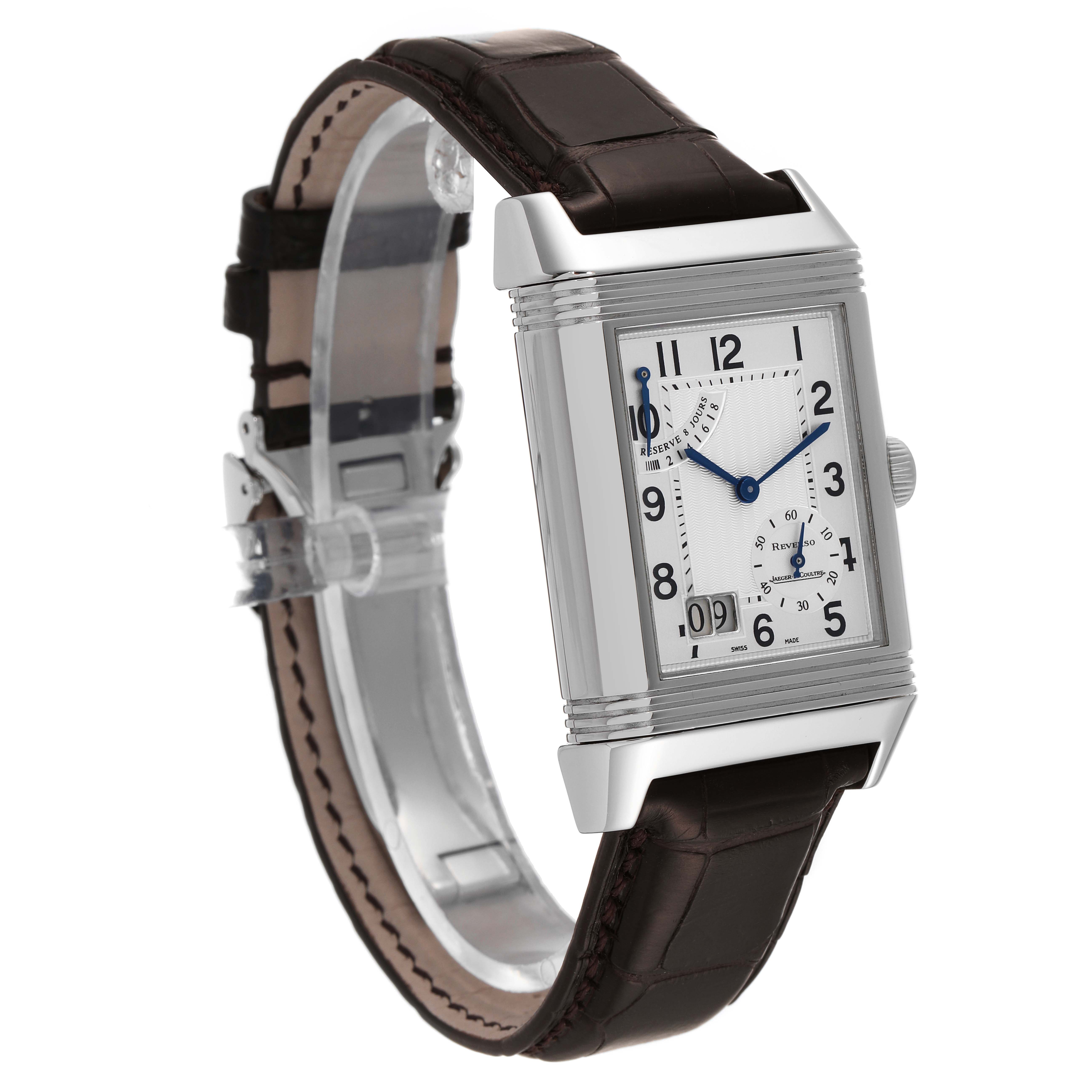 This image shows a Jaeger LeCoultre Reverso Q3008420 Men's Stainless Steel Silver Dial Q3008420 Men's Stainless Steel Silver Dial watch from a front angle, highlighting the rectangular face and strap.