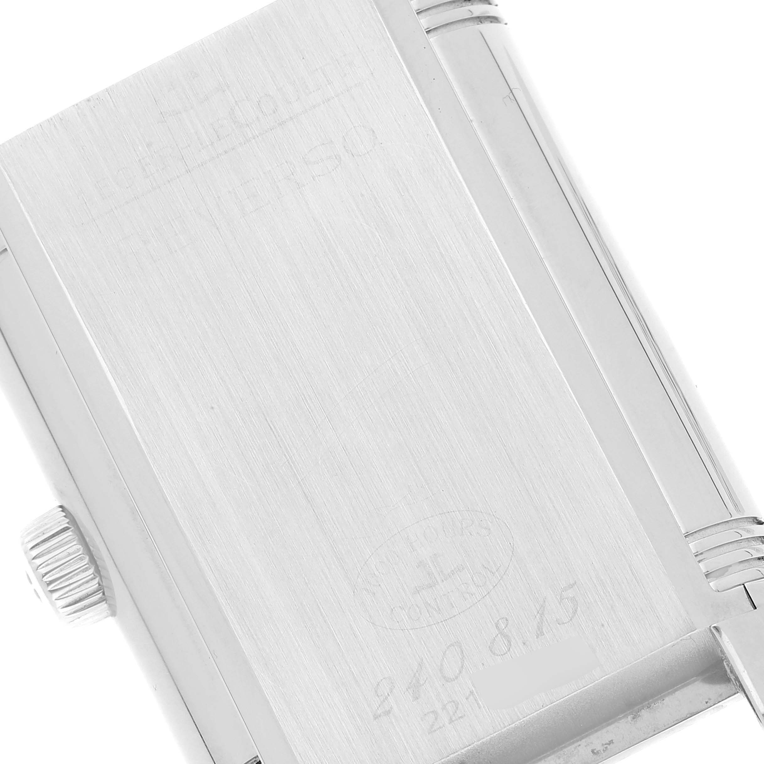 This image shows the back case of a Jaeger LeCoultre Reverso Q3008420 Men's Stainless Steel Silver Dial Q3008420 Men's Stainless Steel Silver Dial watch, including the crown and engraved details.