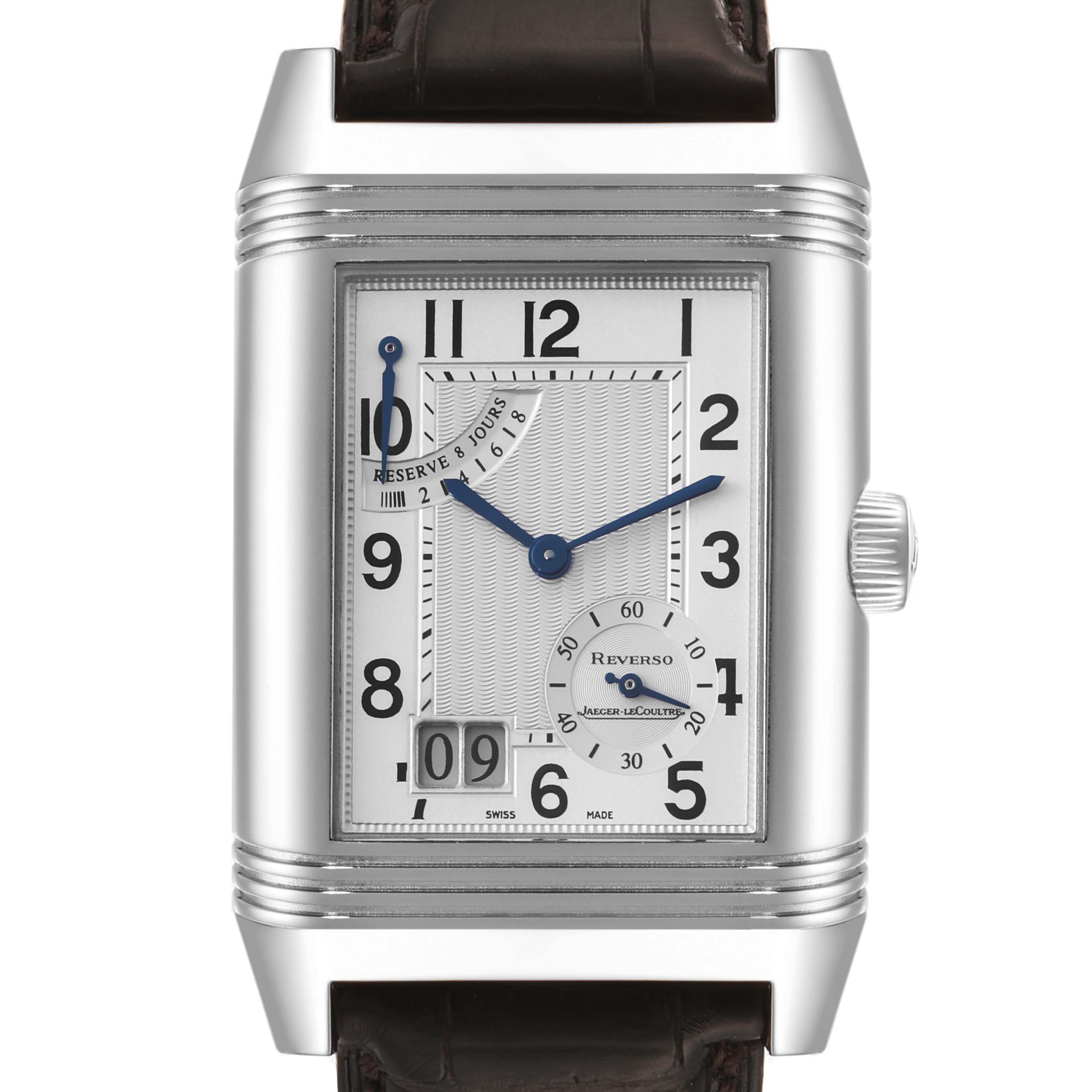 Front view of the Jaeger LeCoultre Reverso Q3008420 Men's Stainless Steel Silver Dial Q3008420 Men's Stainless Steel Silver Dial watch, showcasing its dial, numbers, hands, power reserve indicator, and leather strap.
