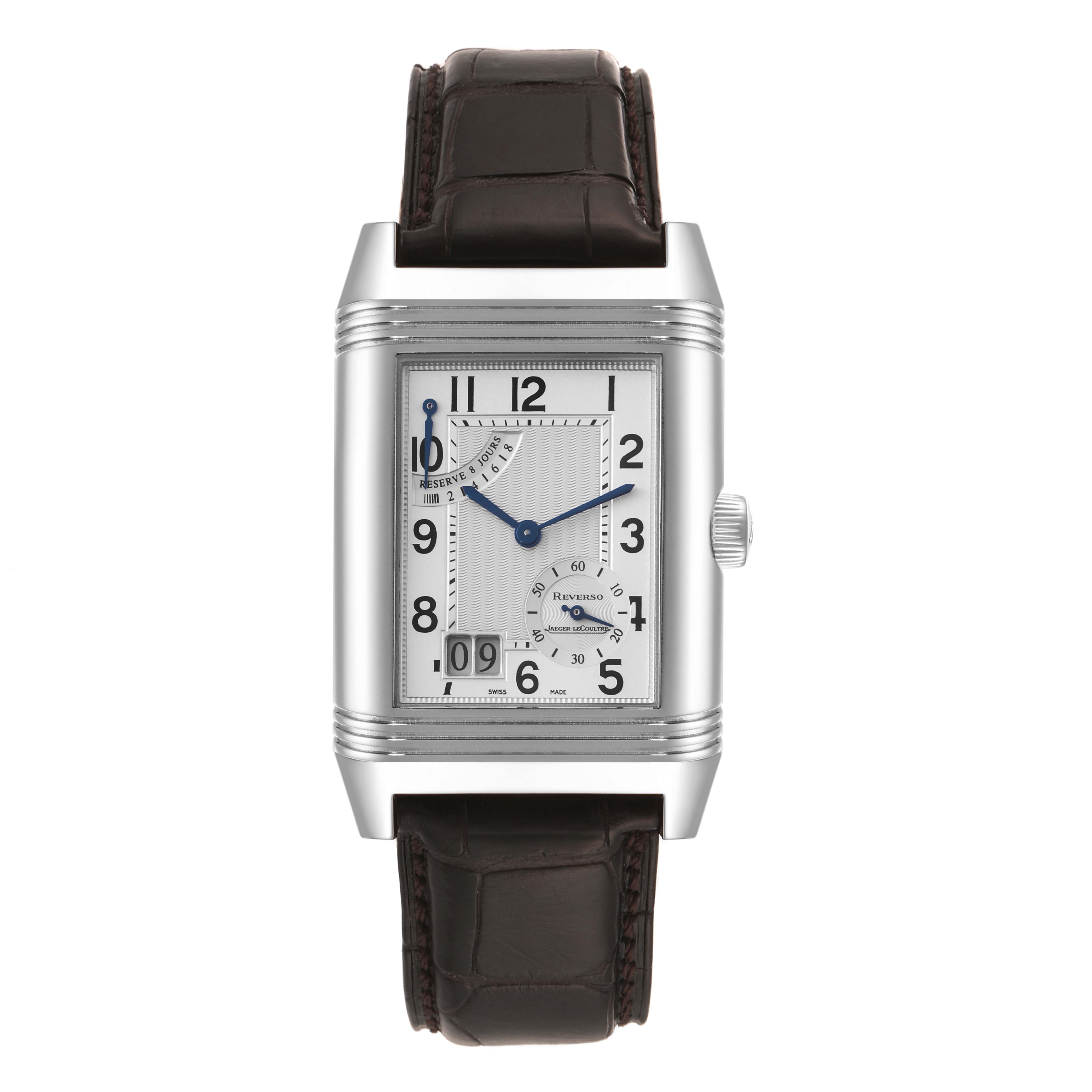 This image shows a frontal view of the Jaeger LeCoultre Reverso Q3008420 Men's Stainless Steel Silver Dial Q3008420 Men's Stainless Steel Silver Dial watch, displaying its face, dial, strap, and case.