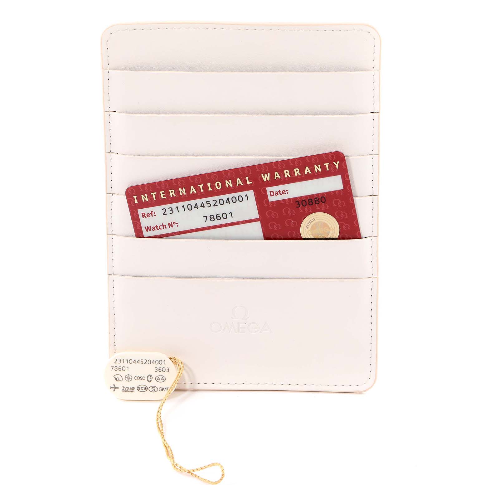 The image shows an international warranty card and tag for the Omega Aqua Terra 231.10.44.52.04.001 Men
s Stainless Steel White Dial 231.10.44.52.04.001 Men
s Stainless Steel White Dial watch.