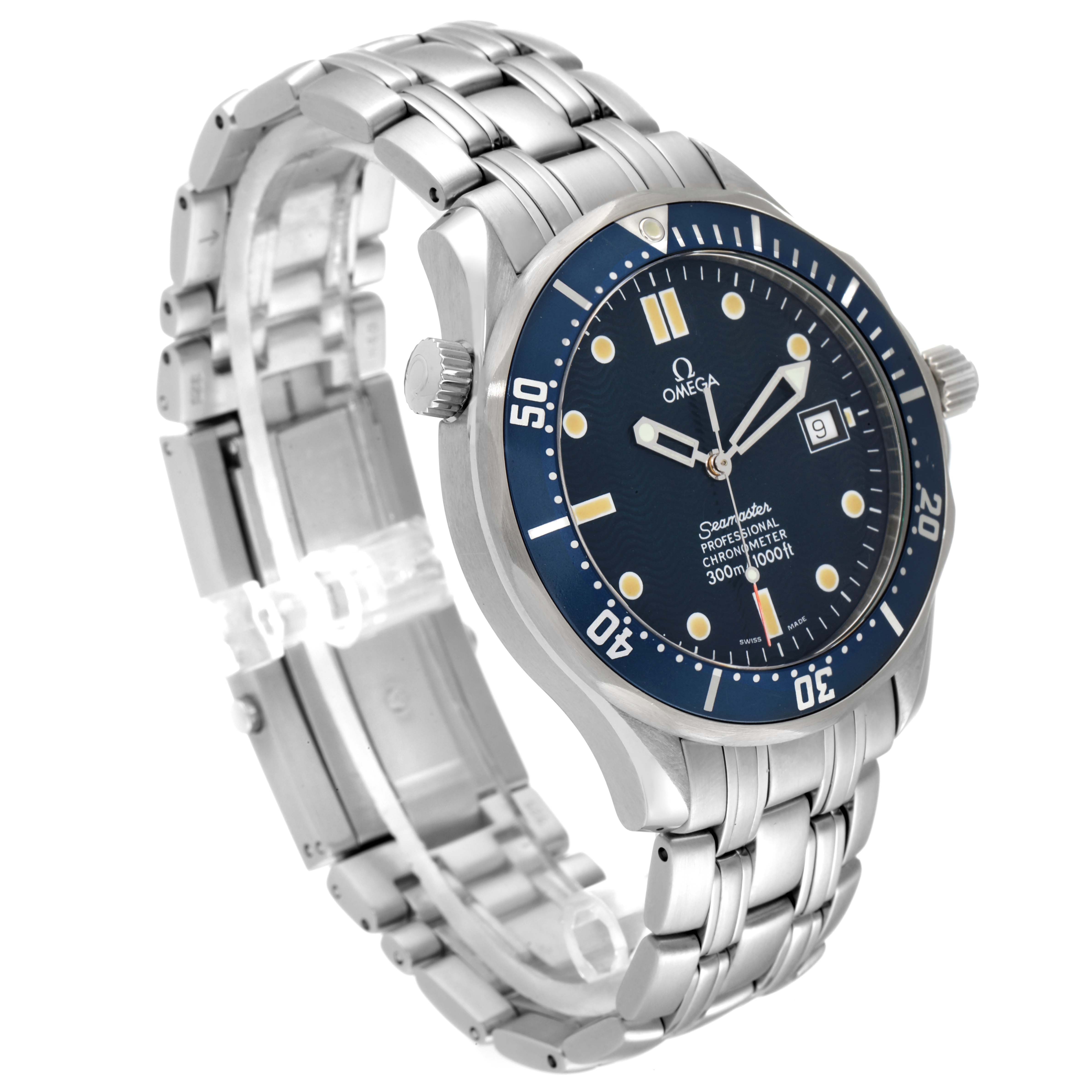 The image shows an Omega Seamaster 2531.80.00 Men's Stainless Steel Blue Dial 2531.80.00 Men's Stainless Steel Blue Dial watch from an angled perspective, highlighting the face, bezel, crown, and stainless steel bracelet.
