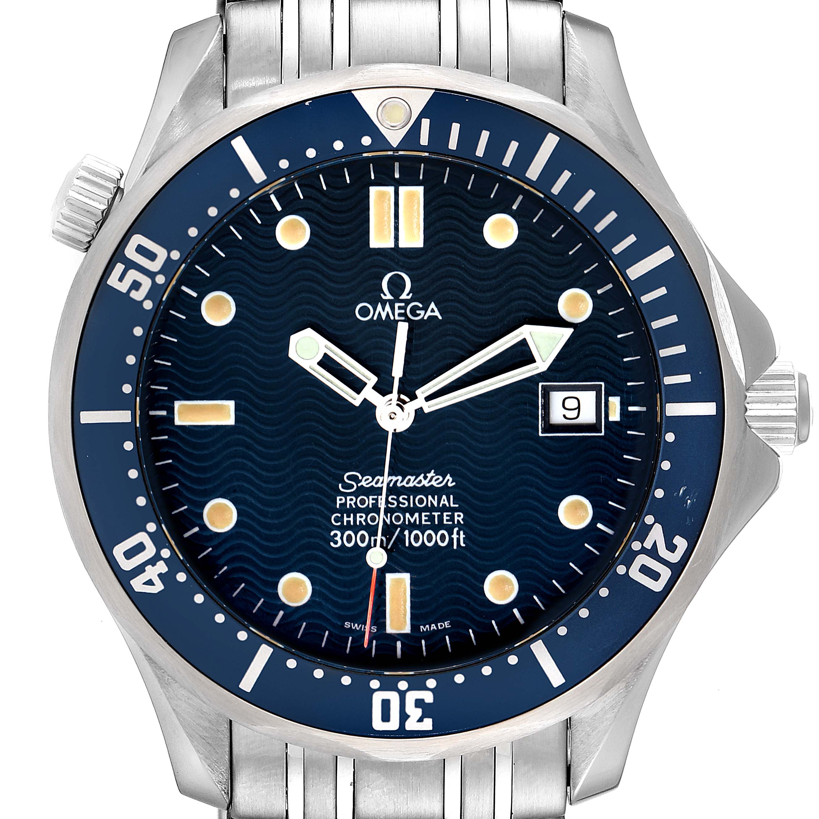 The image shows the front angle of an Omega Seamaster 2531.80.00 Men's Stainless Steel Blue Dial 2531.80.00 Men's Stainless Steel Blue Dial watch, highlighting its dial, bezel, hands, and bracelet.