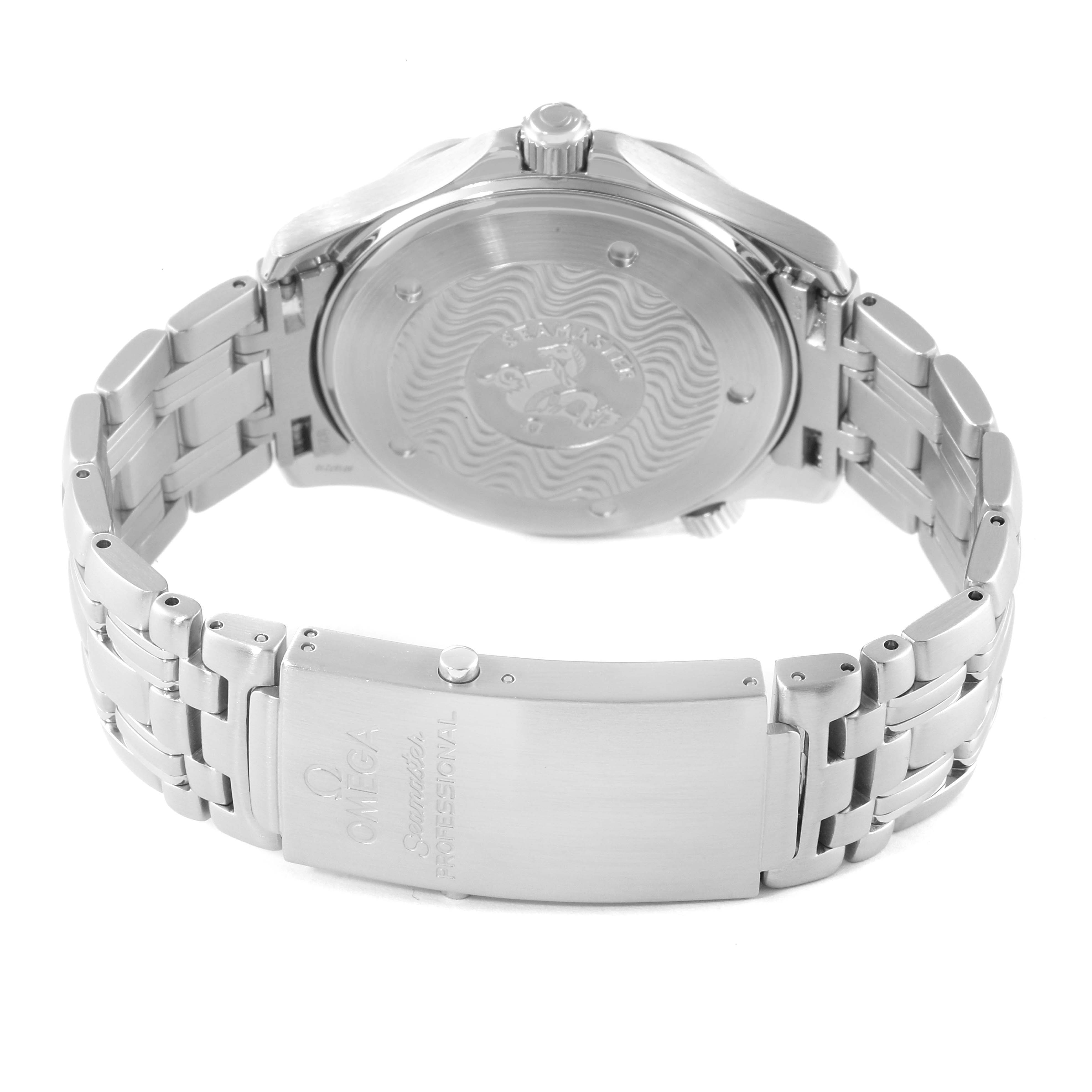 The image shows the back and clasp of an Omega Seamaster 2531.80.00 Men's Stainless Steel Blue Dial 2531.80.00 Men's Stainless Steel Blue Dial watch, highlighting the case back and the intricate bracelet design.