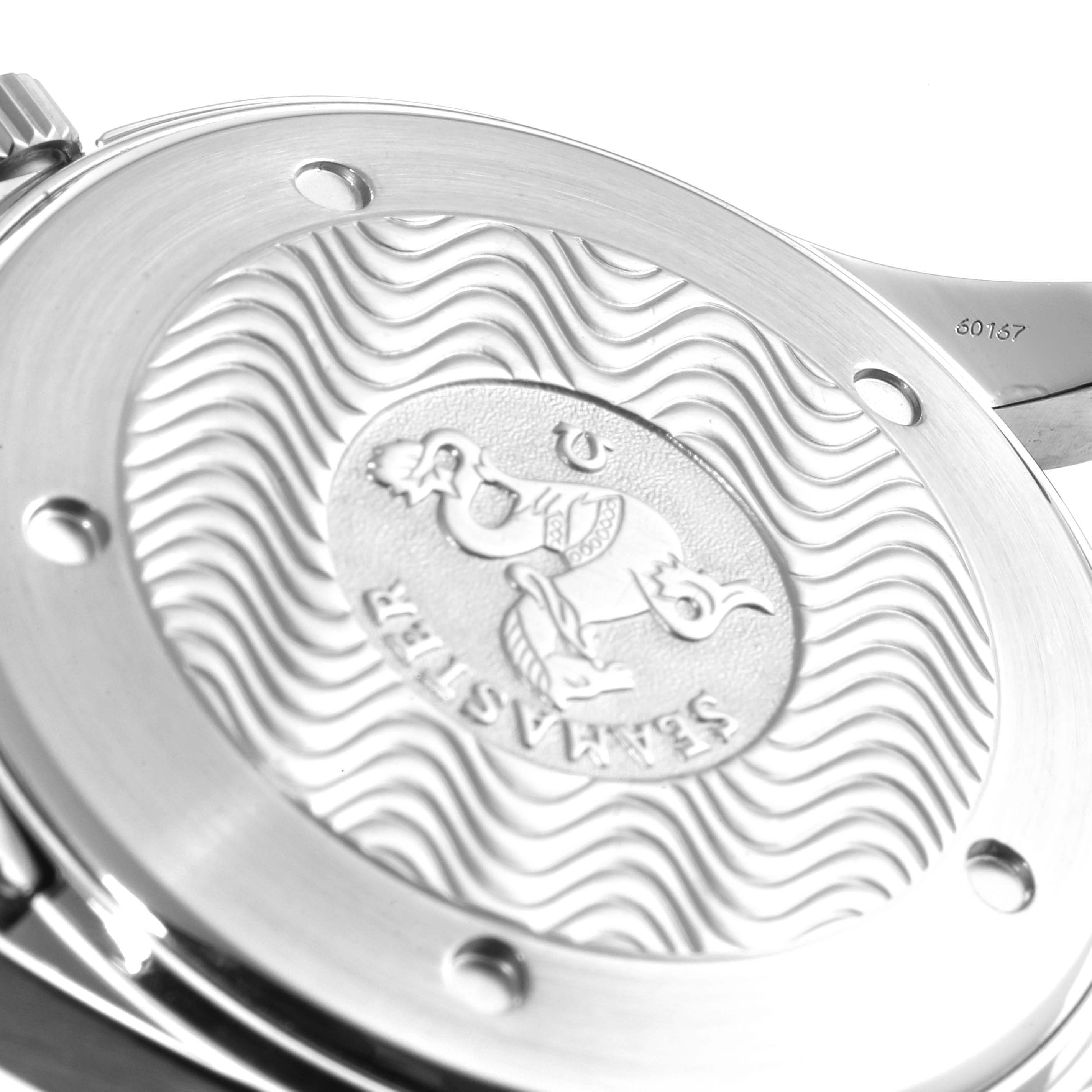 The image shows the case back of an Omega Seamaster 2531.80.00 Men's Stainless Steel Blue Dial 2531.80.00 Men's Stainless Steel Blue Dial watch, featuring engraved wave patterns and the Seamaster logo.