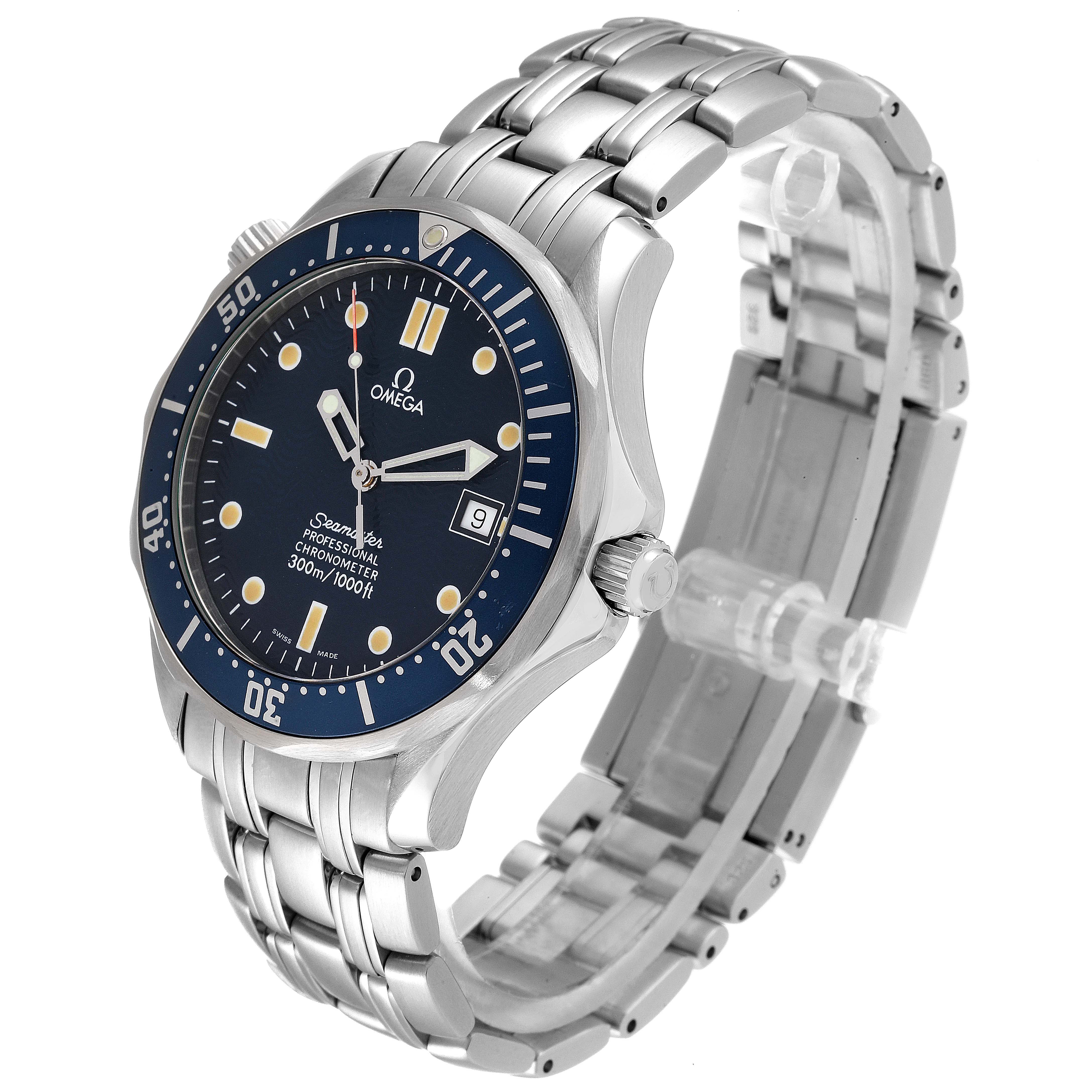 The image shows an angled view of the Omega Seamaster 2531.80.00 Men's Stainless Steel Blue Dial 2531.80.00 Men's Stainless Steel Blue Dial watch, including the face, bezel, crown, and stainless steel bracelet.