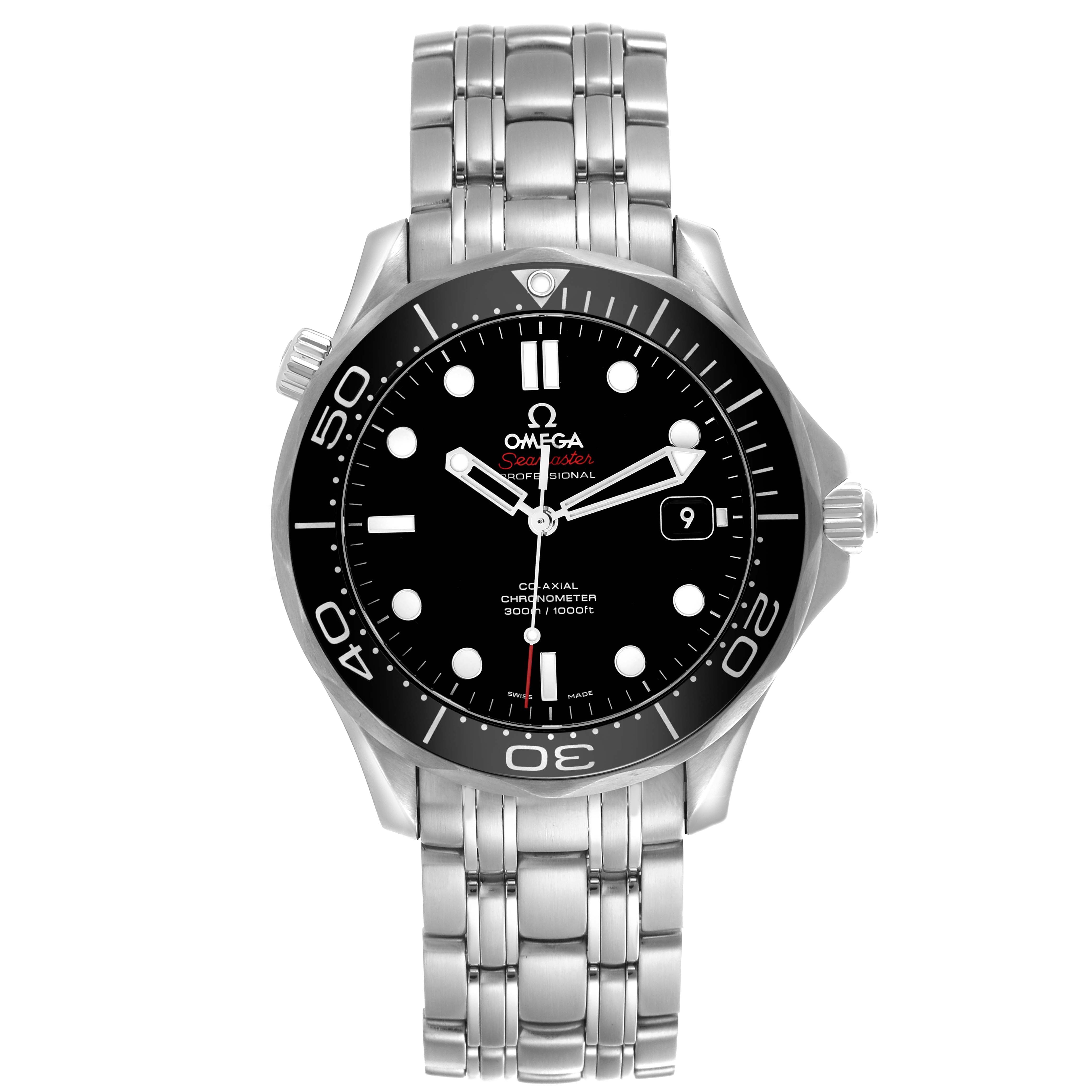 The Omega Seamaster 212.30.41.20.01.003 Men's Stainless Steel Black Dial 212.30.41.20.01.003 Men's Stainless Steel Black Dial watch is shown from a front view, displaying its face, bezel, and stainless steel bracelet.