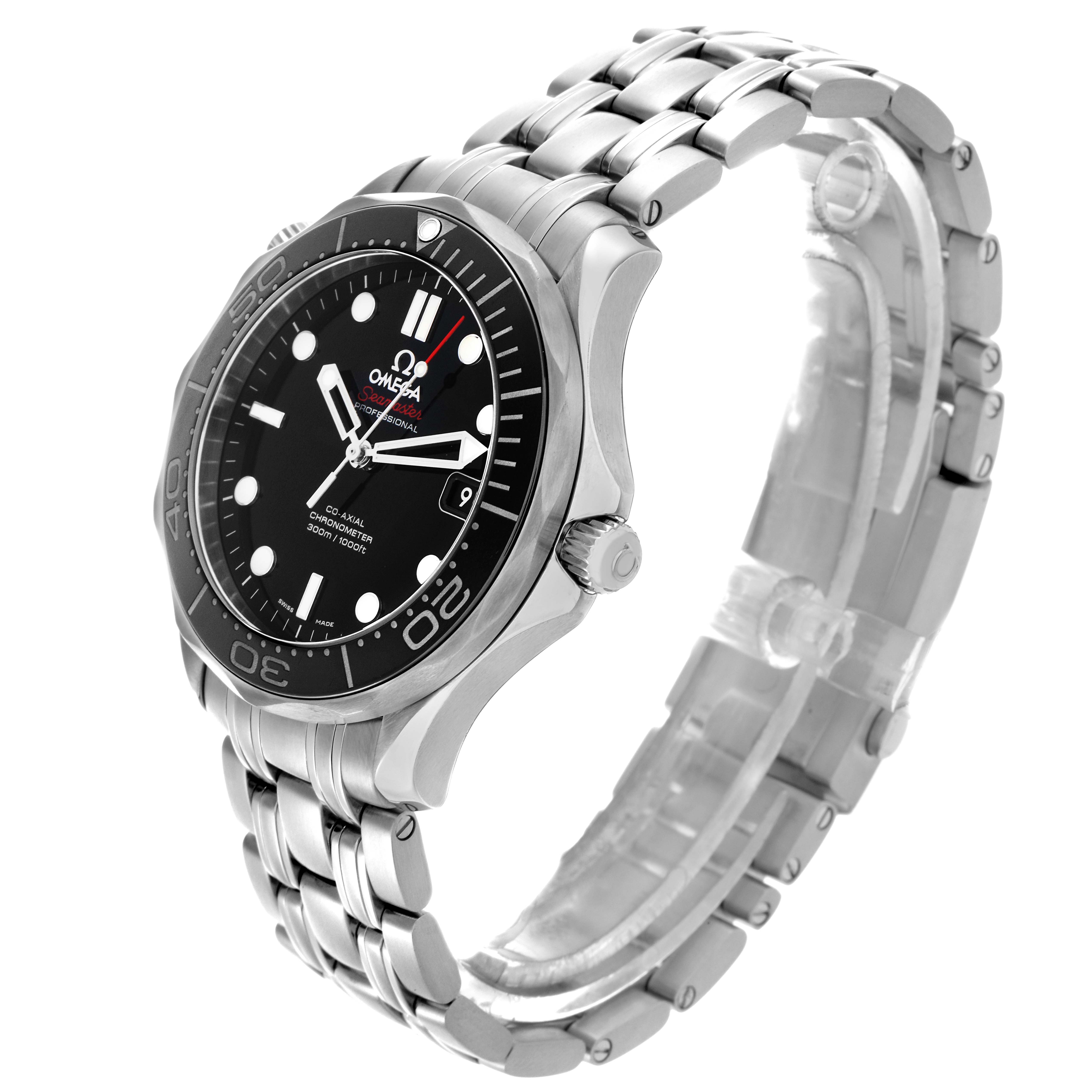 The Omega Seamaster 212.30.41.20.01.003 Men's Stainless Steel Black Dial 212.30.41.20.01.003 Men's Stainless Steel Black Dial watch is shown from an angled side view highlighting the face, bezel, crown, and stainless steel bracelet.